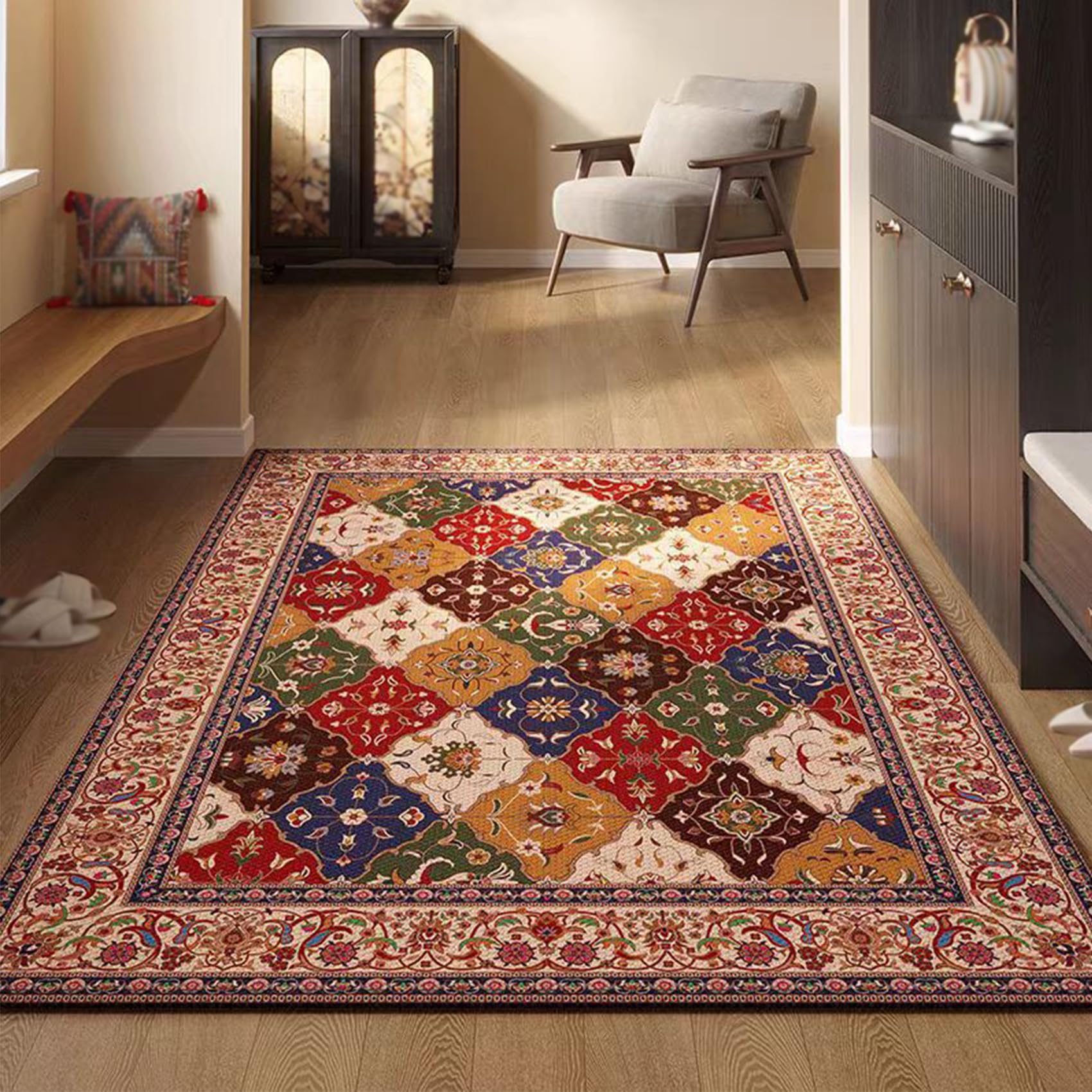 Tapis Salon Chambre Adulte Moderne Lavable, Tapis de décoration Chaise Salle a Manger Meuble Canapé Bureau, Motif Patchwork Floral Vintage Multicolore Jaune Bleu Rouge 200 x 300 cm