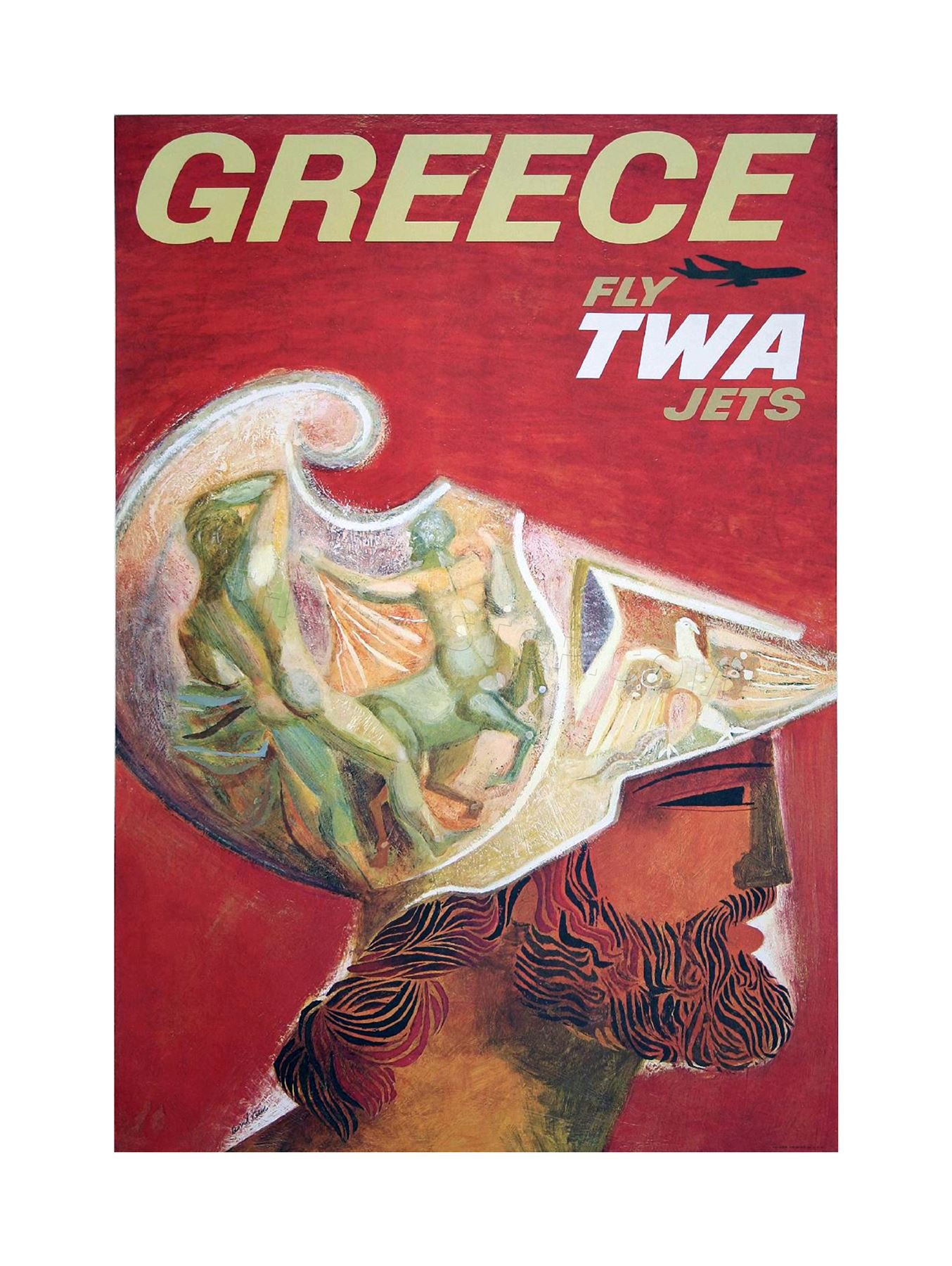 Wee Blue Coo Travel Greece TWA Airline Statue Centaur God Helmet Wall Art Print