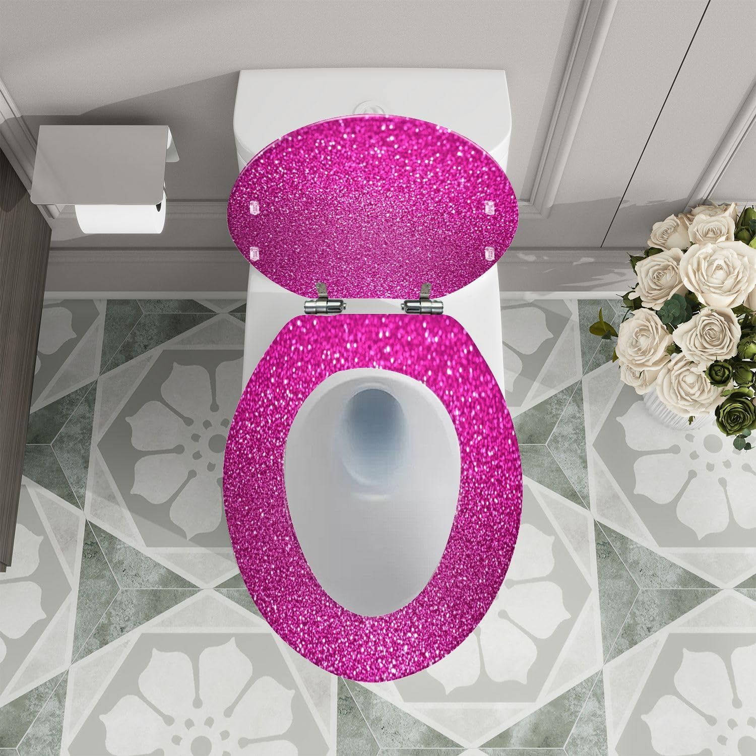 Elongated Toilet Seat Pink glitter Resin Toilet Seat Quietly Close Quick Release Hinges Decorative Toilet Seat with Cover Easy to Install