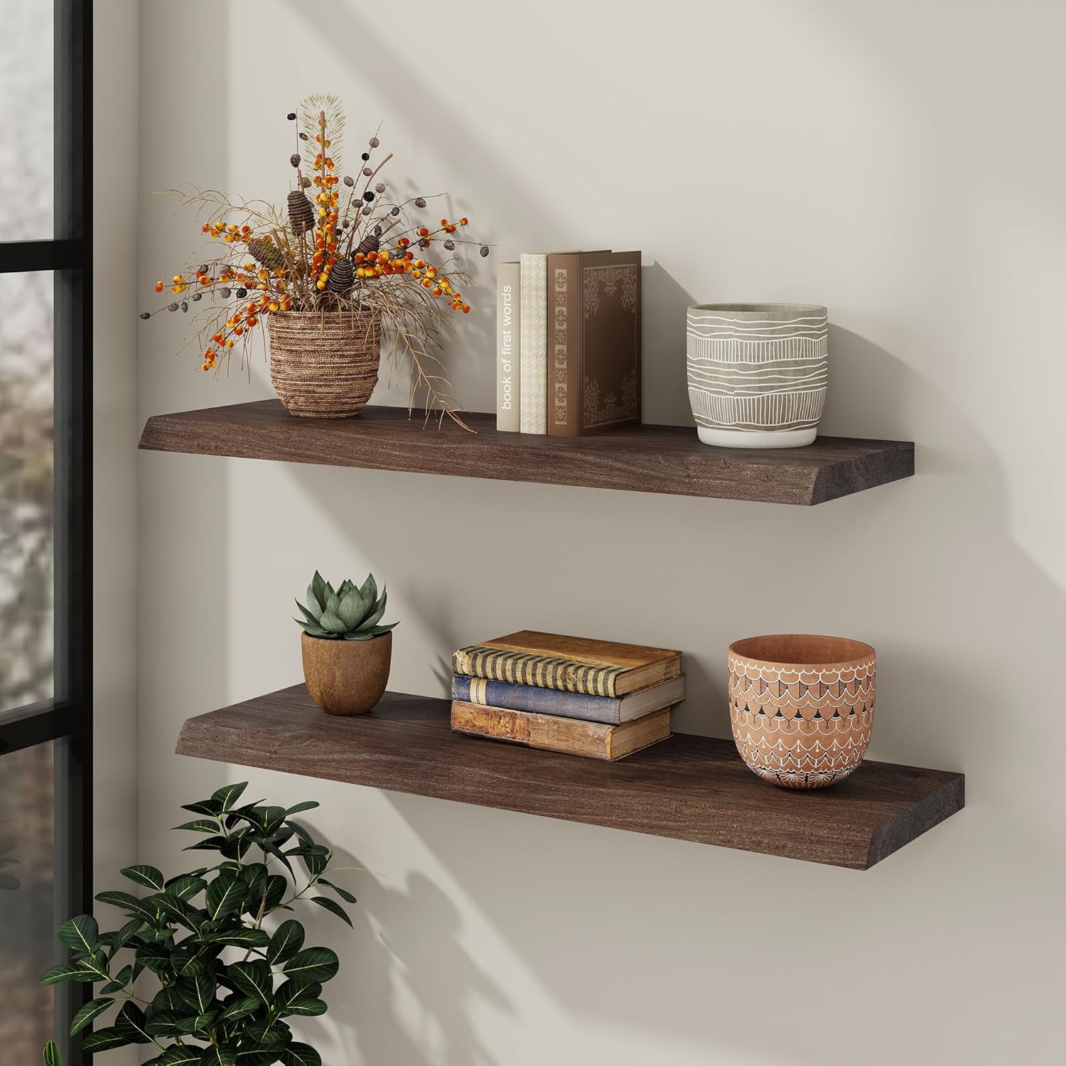 Fun Memories 36 Inch Floating Shelves, Live Edge 9.3" Deep Elm Wood Wall Shelves for Storage, Wall-Mounted Display Shelves with Invisible Heavy-Duty Metal Bracket for Living Room Bedroom, Walnut Usa-sourced Elm Wood Walnut Finish Live Edge, 36"W x 9.3"D
