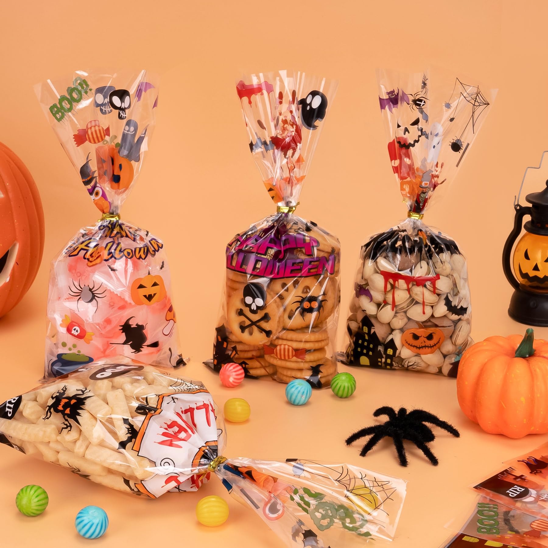 BBLIKE 120pcs Sacchetti Halloween Caramelle, Sacchetto di Caramelle Trasparente con 6 Motivi e