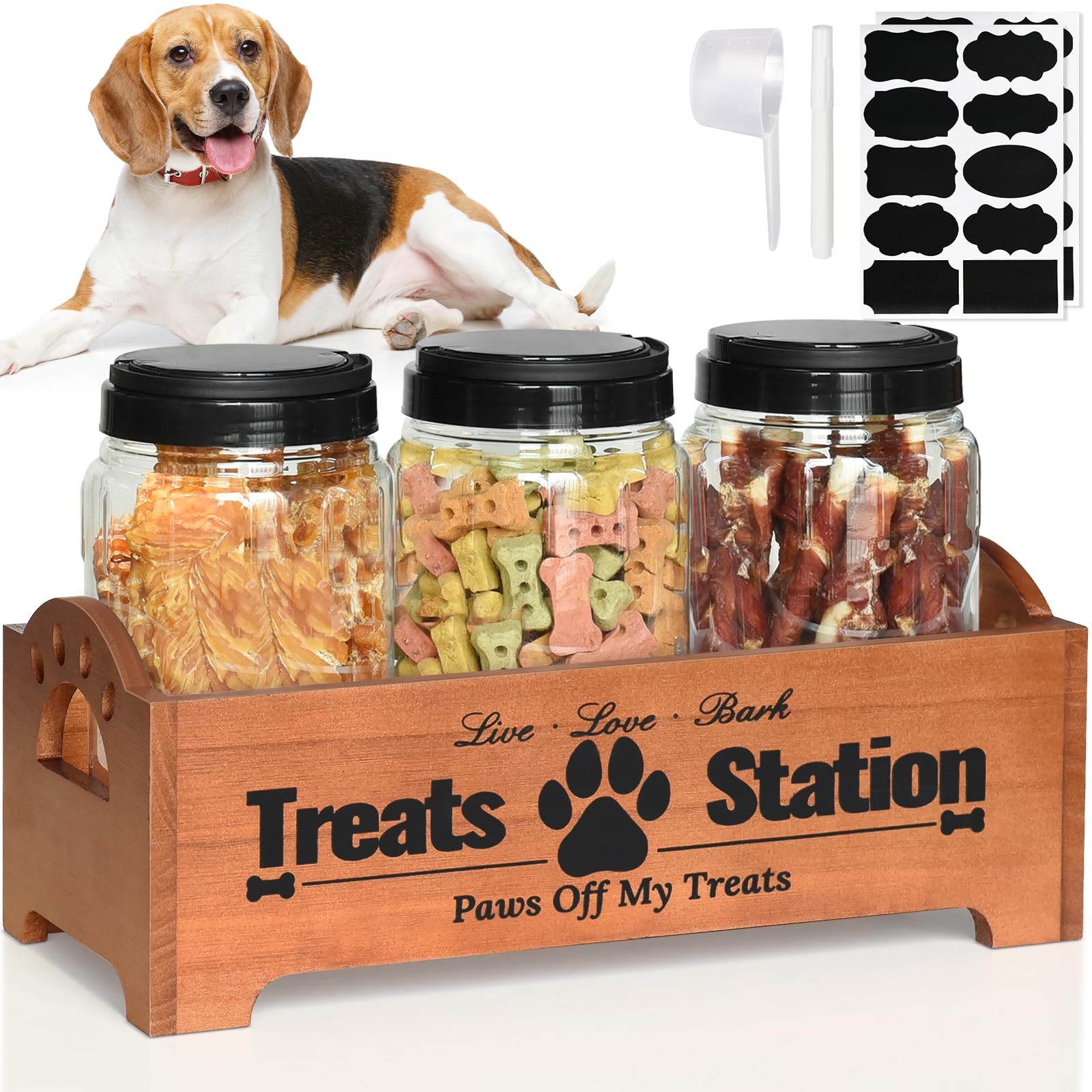 Dog Treat Container Dog Food Container for Dog Food Storage, Farmhouse Cat Food Container Pet Food Storage Organizer, Wood Dog Treat Holder with 3 Plastic Cat Dog Treat Jars, Brown Cat Treat Container