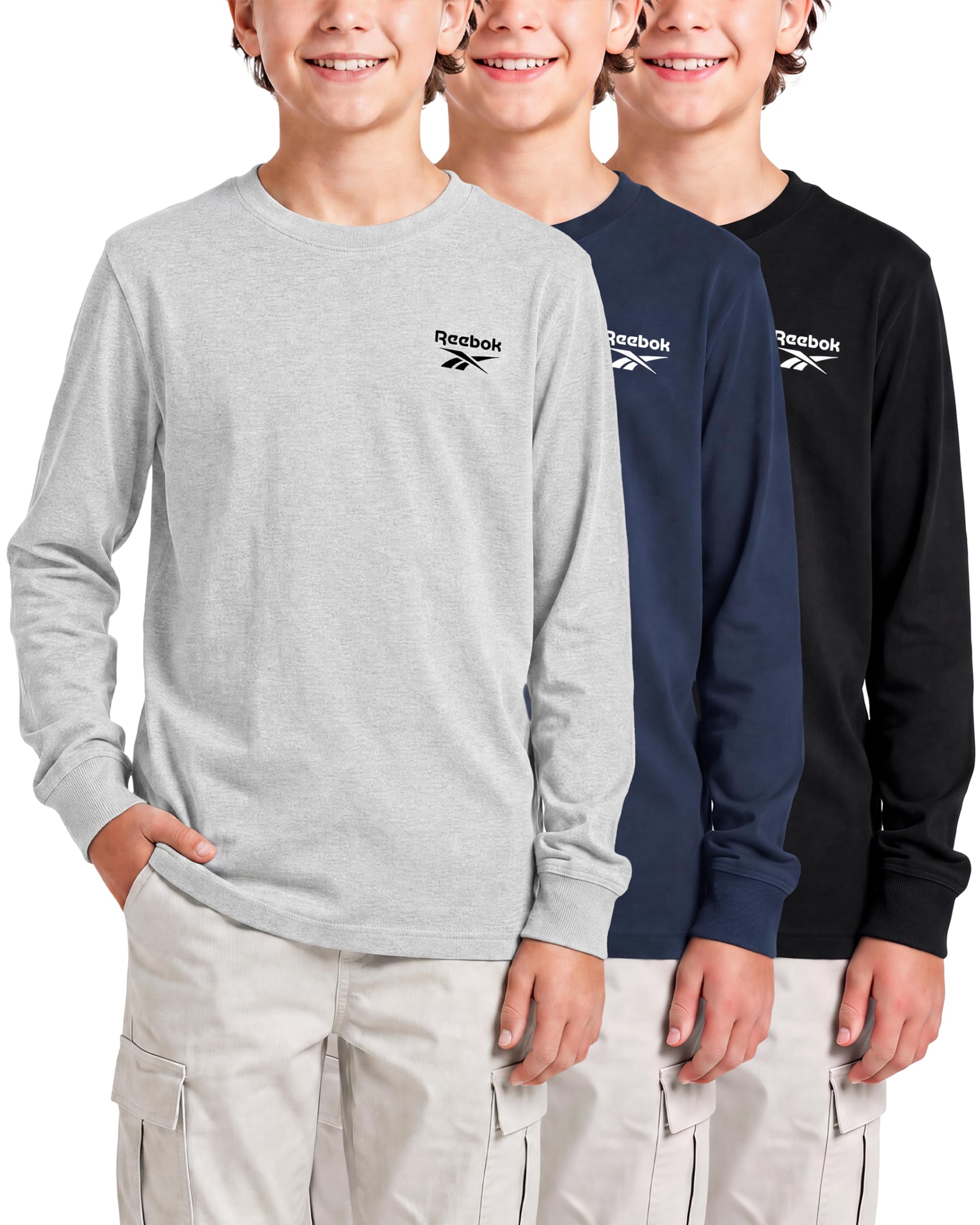 Reebok 3 Pack Boys Long Sleeve Athletic Shirts Tshirts Tees Cotton Kids Youth Teen