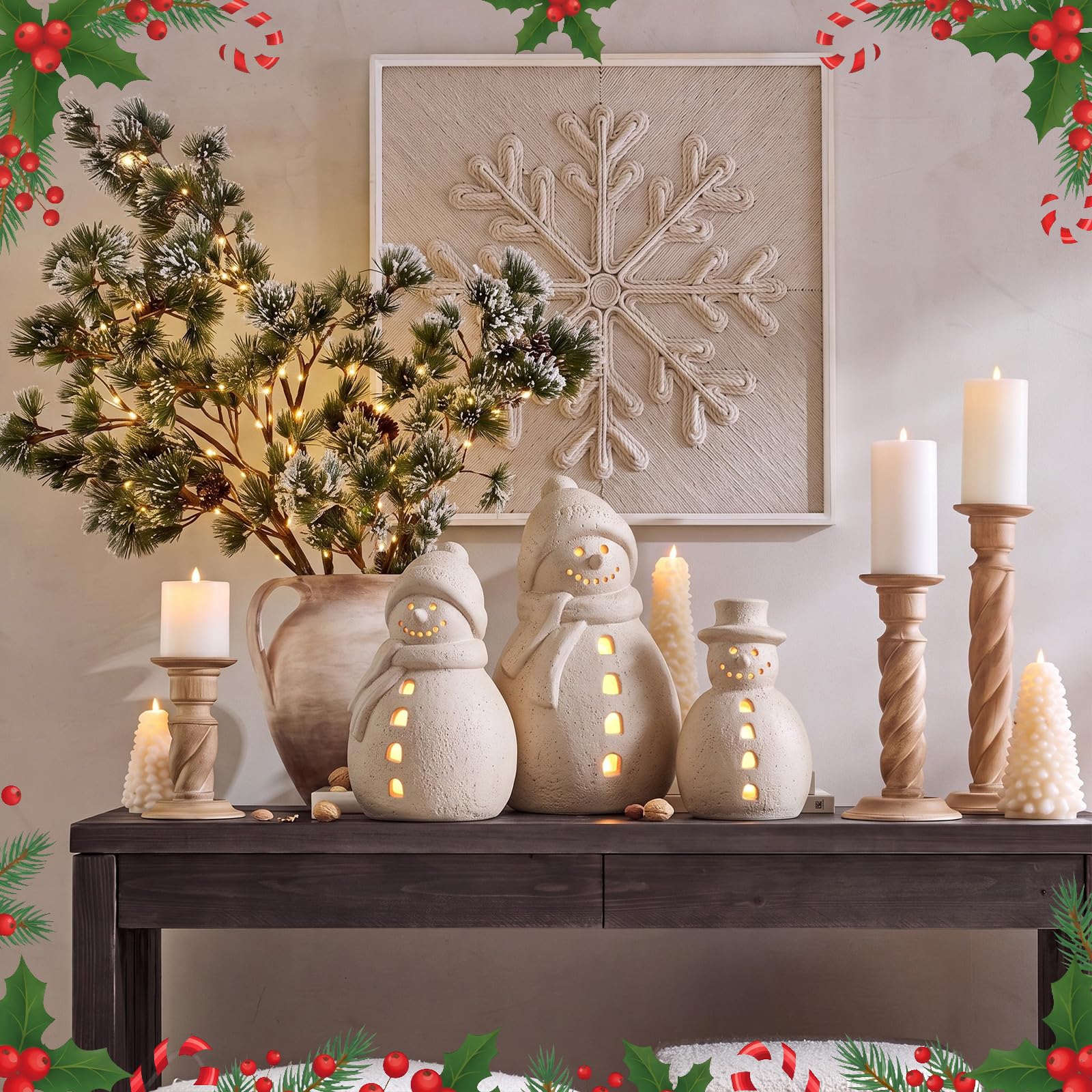 Yungyan 4 figuras de muñeco de nieve de terracota de 7.87 pulgadas con luz LED, decoración de mesa, estatua de mesa para Navidad, invierno, festivo, gabinete, chimenea, estante, ventana, regalo