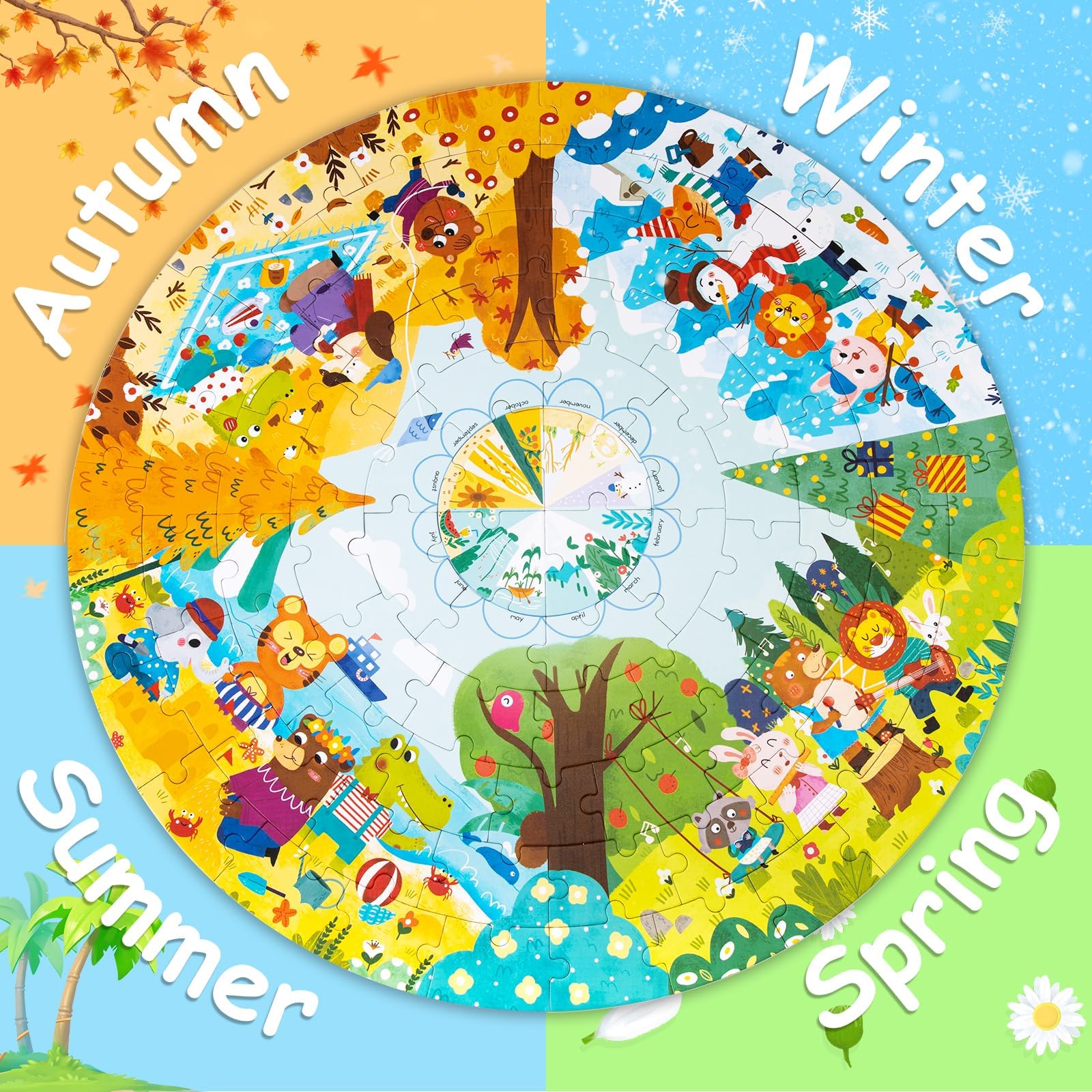 Puzzle Podłogowe, 88 Kawałek Puzzle Cztery Pory Roku Leśne Zwierzęta, Puzzle dla Dzieci w Wieku od 3-letnim i Wyższym Kartonowe, Puzzle Podlogowe Prezenty Urodzinowe dla Dzieci