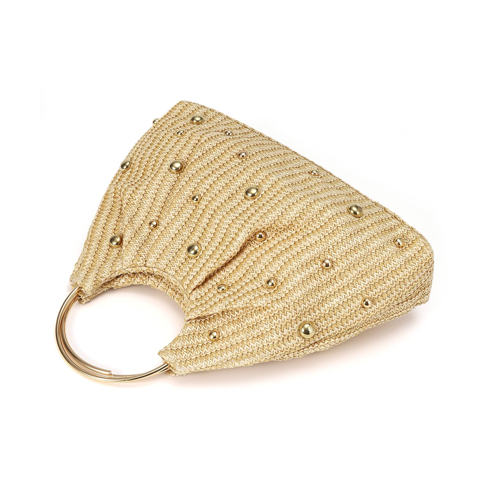 Auffällige Strohtasche mit Perlendetails und rundem Griff. Geräumige Innenhandtasche. Bequemer, täglicher Gebrauch. Leichter Damen-Strand mit Perlenverzierungen