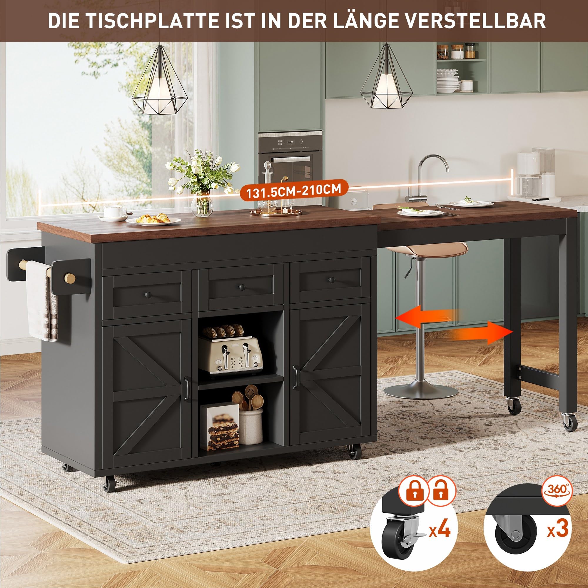 Kücheninsel, ausziehbarer Esstisch Bartisch (131,5-210 cm), 360° drehbare, mit Schubladen und Schränken, vielseitige Arbeitsplatte für Küche, Esszimmer, Schwarz