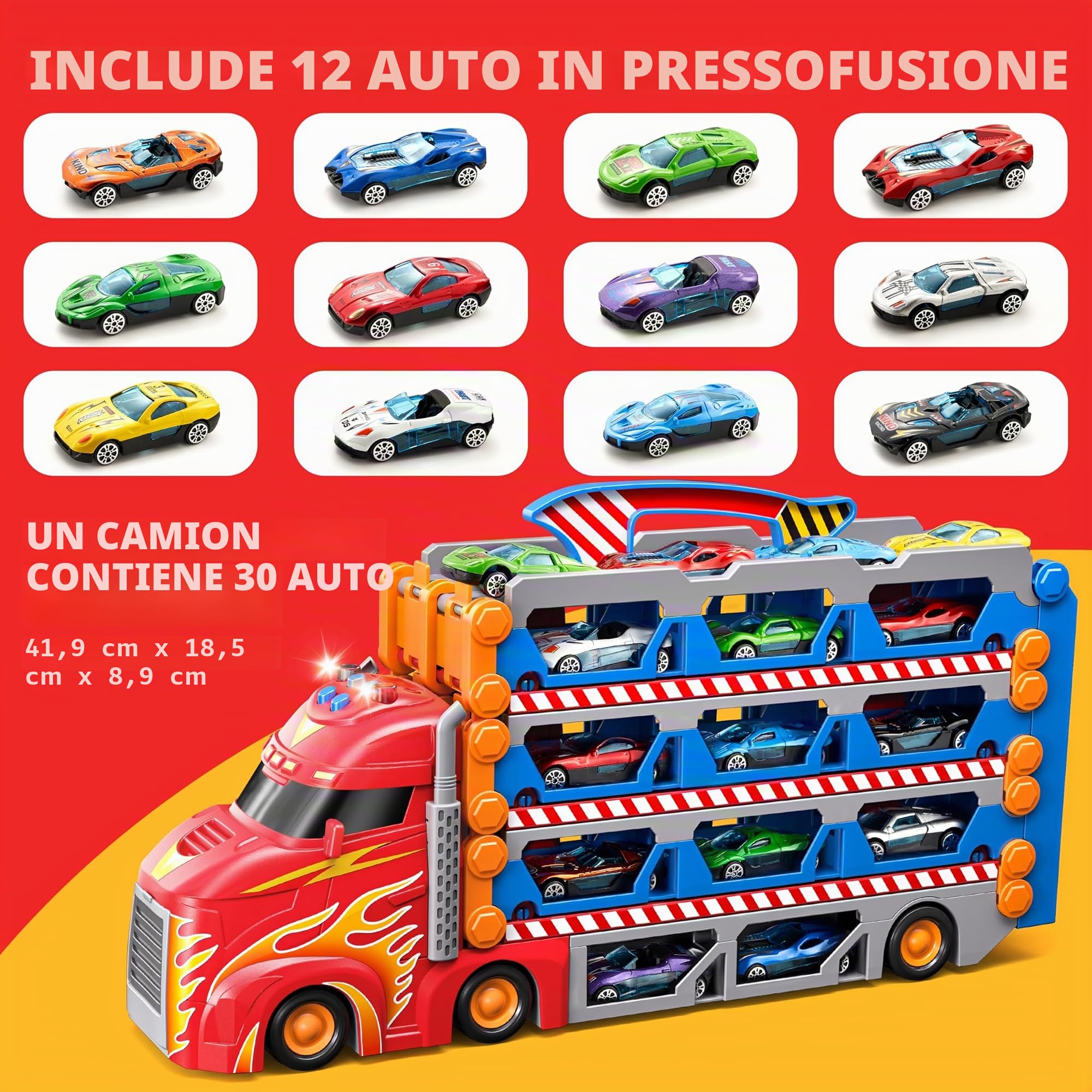 SYNCFUN Transport Race Truck Toy Cars, giocattolo da camion da pista da corsa gigante da 2,4 m, pieghevole a 3 strati con 12 auto, luci e suoni, regalo per 3, 4, 5, 6, 7 anni, ragazzi