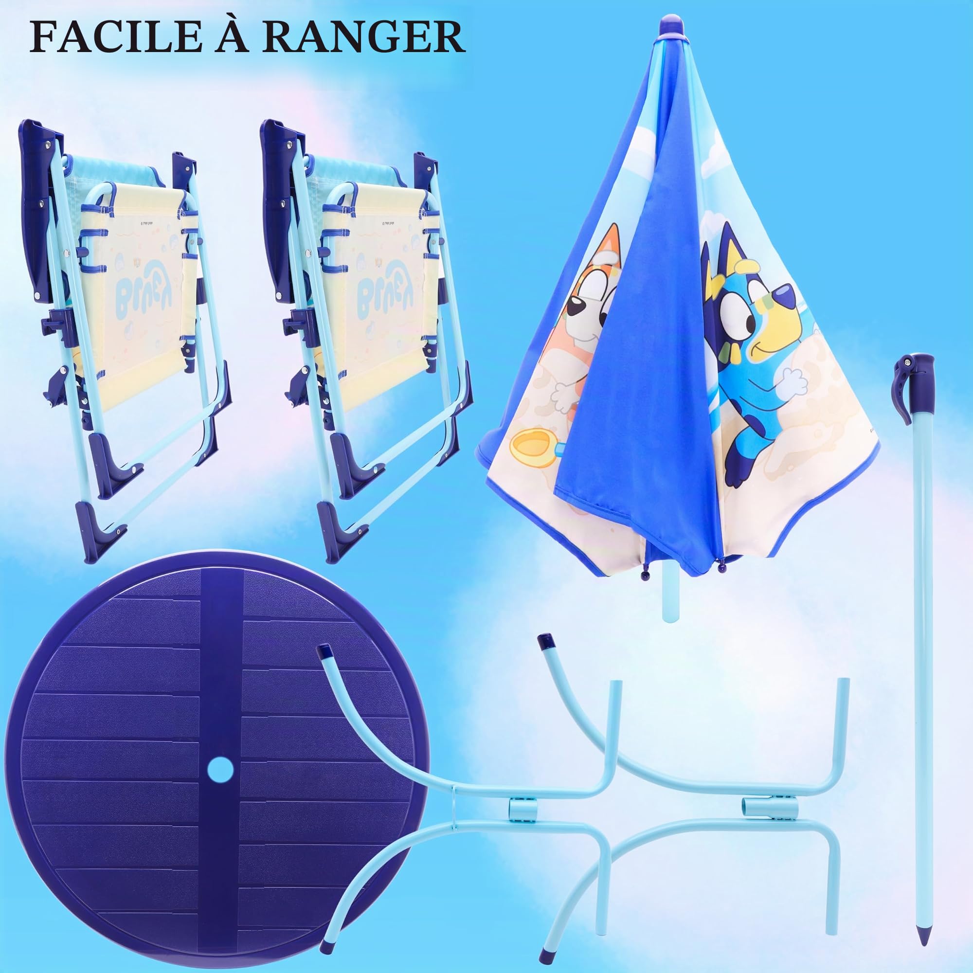 Toyland® Bluey & Bingo Ensemble Table et chaises de Patio – 1 Table, 2 chaises et 1 Parasol – Mobilier d'intérieur et d'extérieur pour Enfants – Parfait pour la Plage et Le Jardin