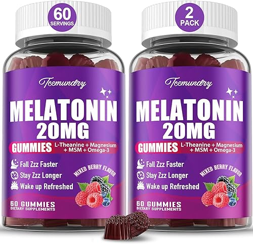 Gomitas de melatonina de 20 mg para adultos, gomitas de melatonina de máxima fuerza con L-teanina, magnesio, omega-3, MSM, D3 y zinc, sin hábito,
