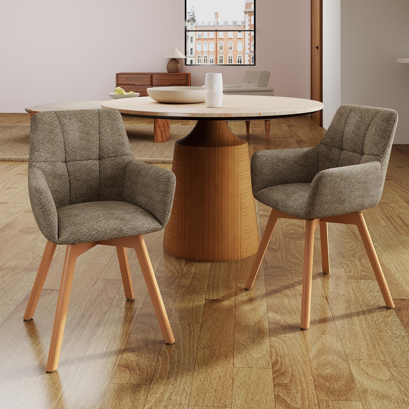LEWE Sillas de Comedor Giratorias Juego de 6, Reposabrazos, Patas de Madera | Silla Giratoria de 360°, Silla Tapizada con Respaldo Ergonómico de Tela, para Comedor, Cocina, Salón , Marrón