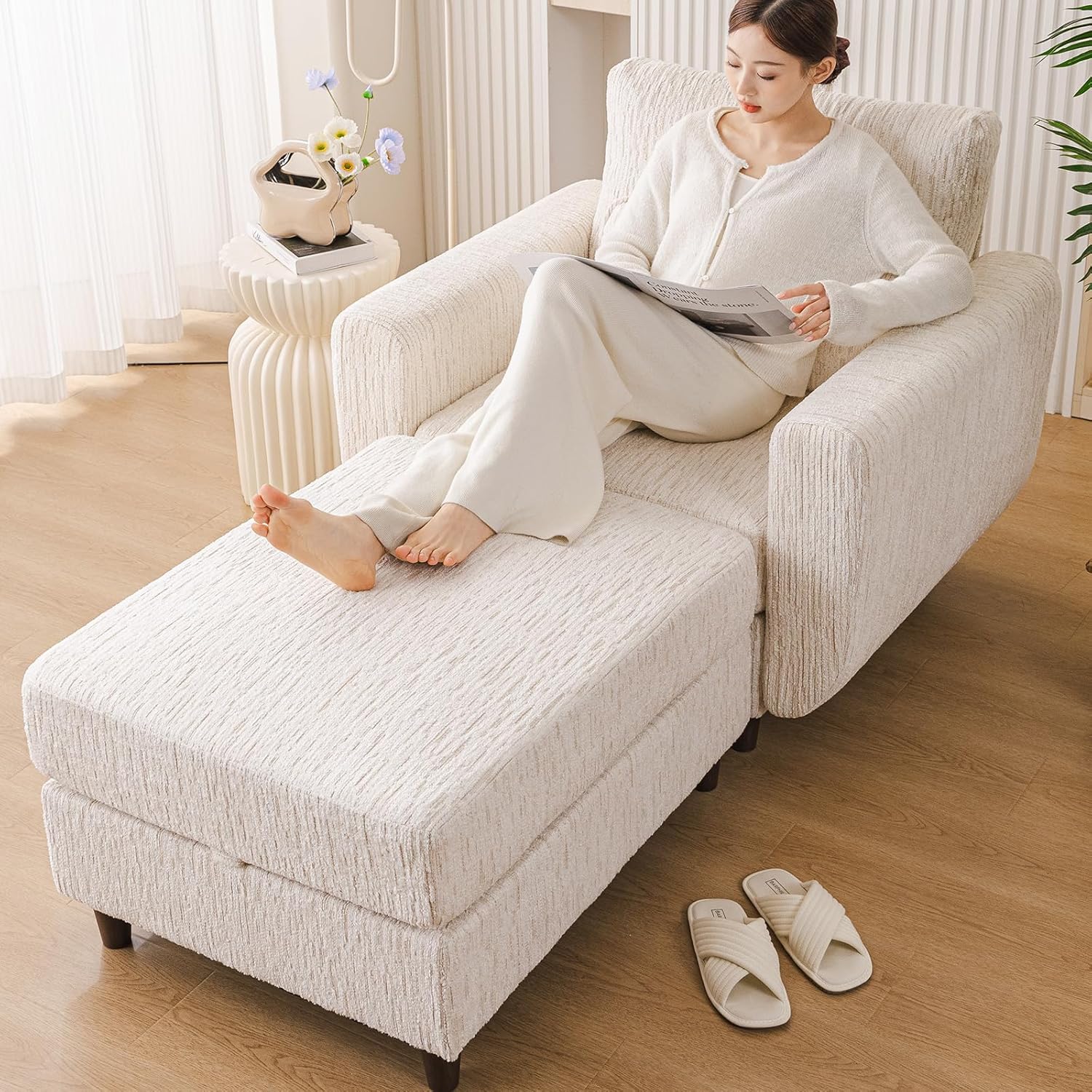 38'' Single Sofa Accent Chair with Ottoman,Big Lounge Chair with Storage,Comfy Armchair with 25in Deep Seat,7.8'' Thick Cushion,Reading Chair for Living Room,Bedroom,Office,Velvet,White | Deep Seat, Seat with Storage, Thick Seat Cushion, Easy Assembly, Solid Wood Frame