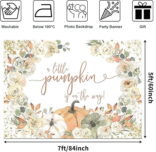 Miniatura 4 de Avezano Telón de fondo de calabaza para baby shower con texto en inglés "A Little Pumpkin is On The Way", decoración de fiesta de baby shower,