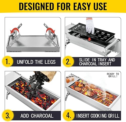Miniatura 6 de SGOLAN Parrilla de carbón portátil, parrilla de barbacoa de acero inoxidable, pequeña parrilla plegable para jardín, cocina al aire libre, barbacoa,