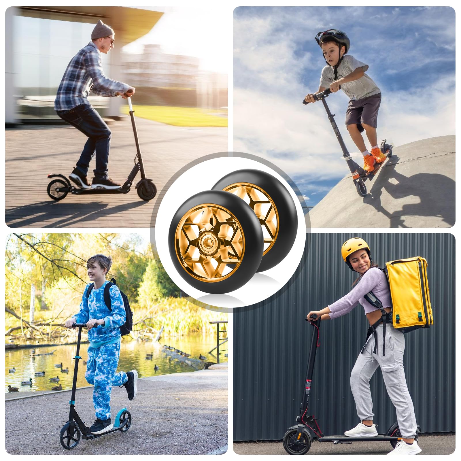 2 pezzi ruote Stunt Scooter 110 mm, ruote di ricambio per scooter, 88A ruote per roller per stunt con cuscinetti ABEC-9 nucleo a raggi in alluminio, ruote di ricambio scooter per tutti i tipi (oro
