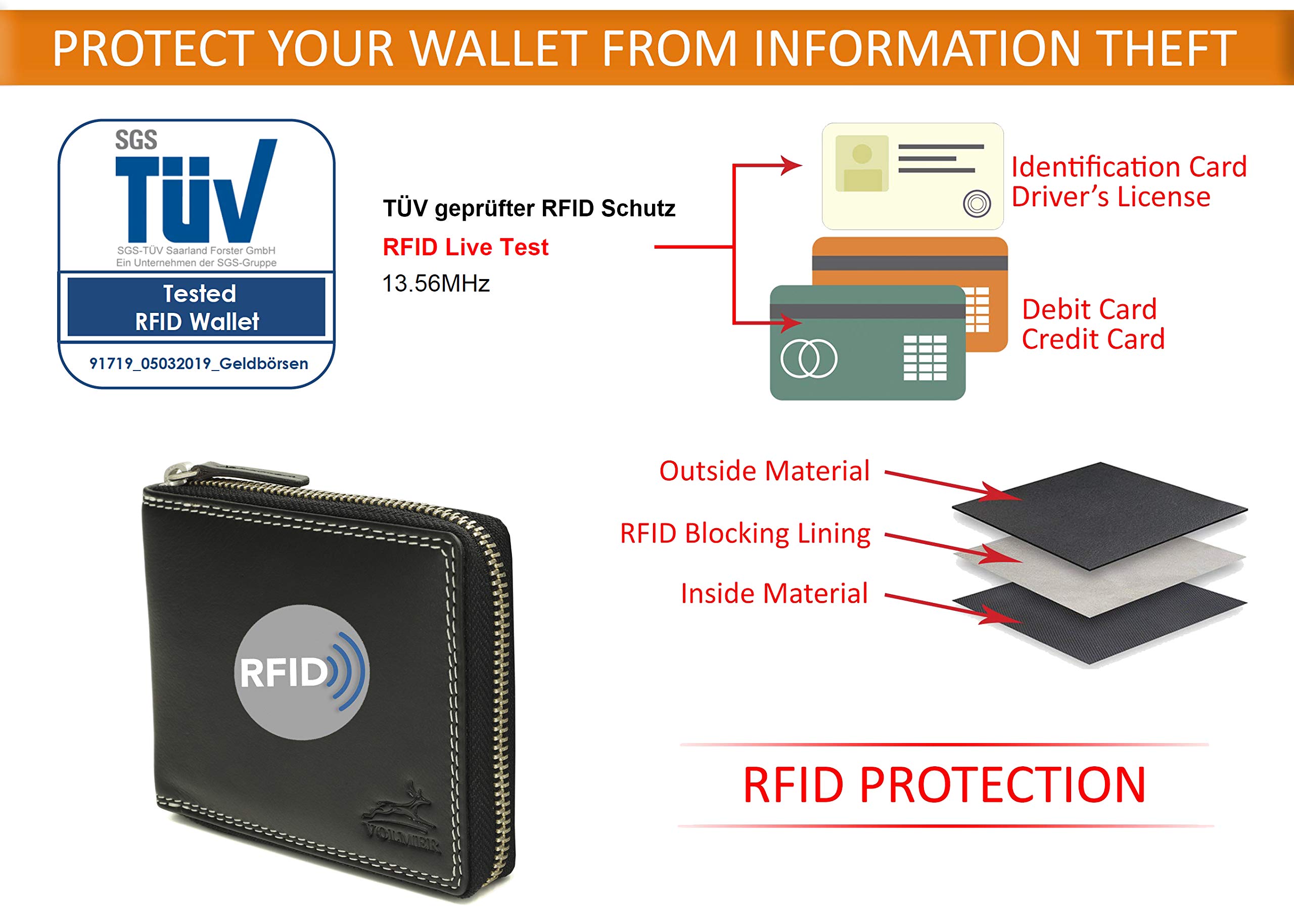 Czarny portfel z prawdziwej skóry w formacie poziomym z blokadą RFID #16116, Brązowy, Zipper
