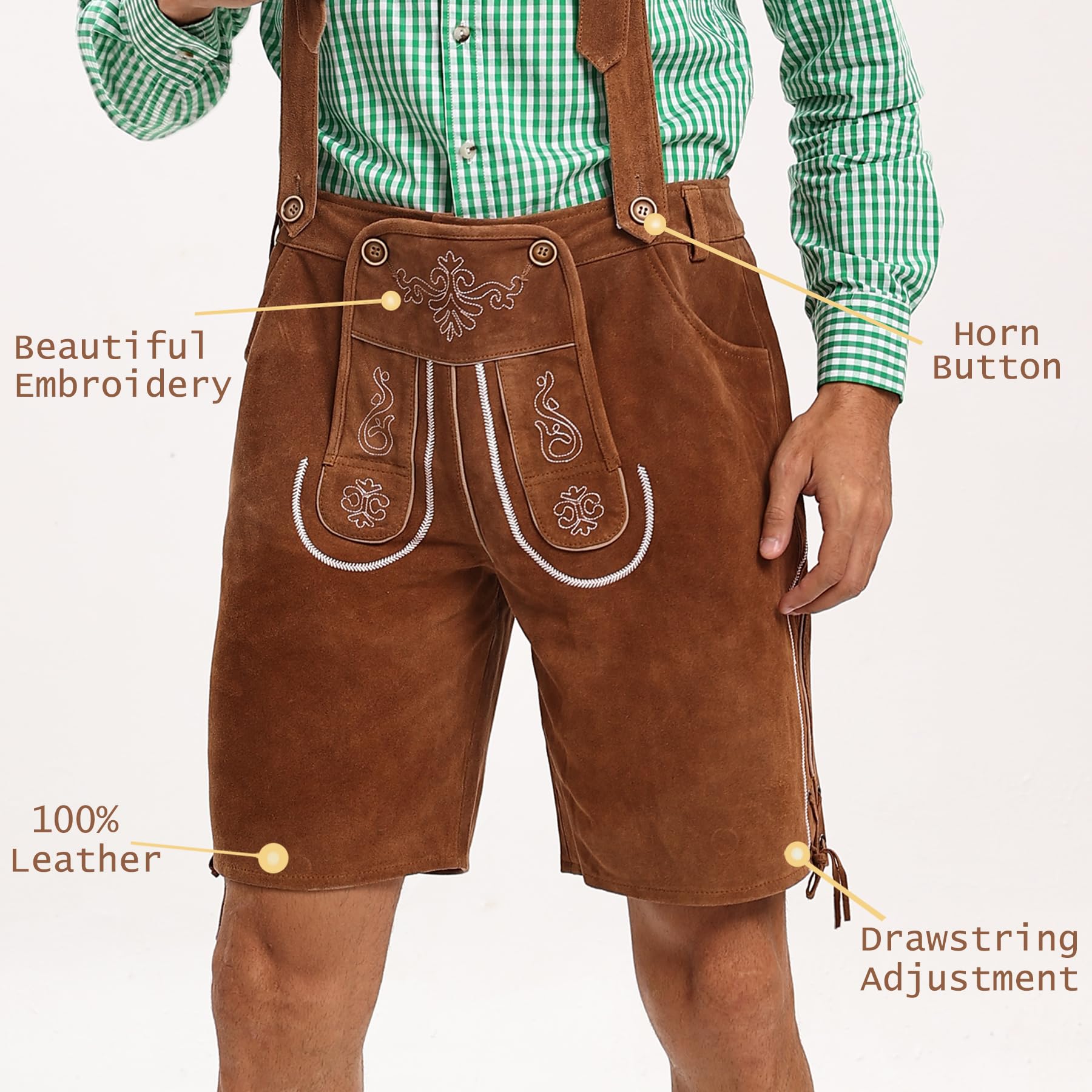 Adisno Lederhosen Men,Oktoberfest Outfit Mens,Oktoberfest Costume Lederhosen Men,100% Cow Suede Leather(Brown, 56) - Image 2