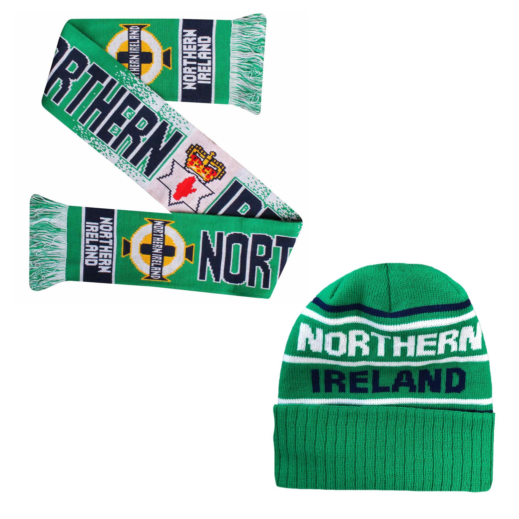 Beyond Happy Northern Ireland Green and White Ski Hat - Ultimate N.Ireland Supporters Winter Hat for Comfort and Warmth (UK, Alpha, One Size, Bronx Hat & Scarf Set)