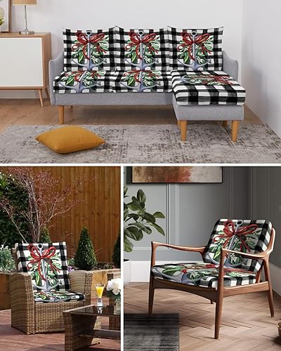 Miniatura 6 de Wowouhiya Fundas de cojín para sofá de Navidad, funda elástica para sofá con parte inferior elástica, diseño botánico rojo y verde con nudo de lazo