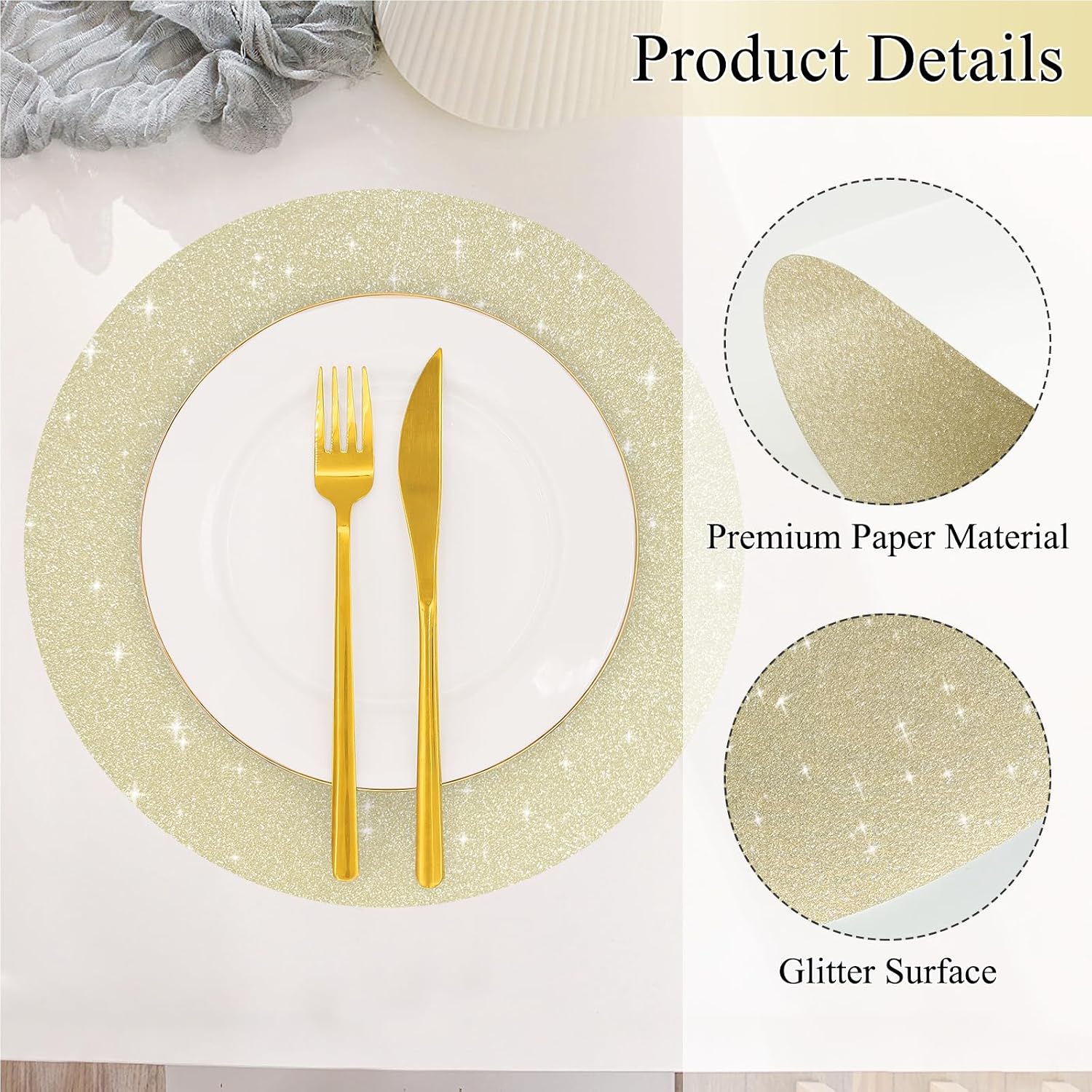 30 PCS Champagne Paper Placemats Round Place Mat Light Gold Glitter Disposable Paper Charger Doilies Tablemats for Birthday Banquet New Year Graduation Party Dinner Table Decor(13x13inch)