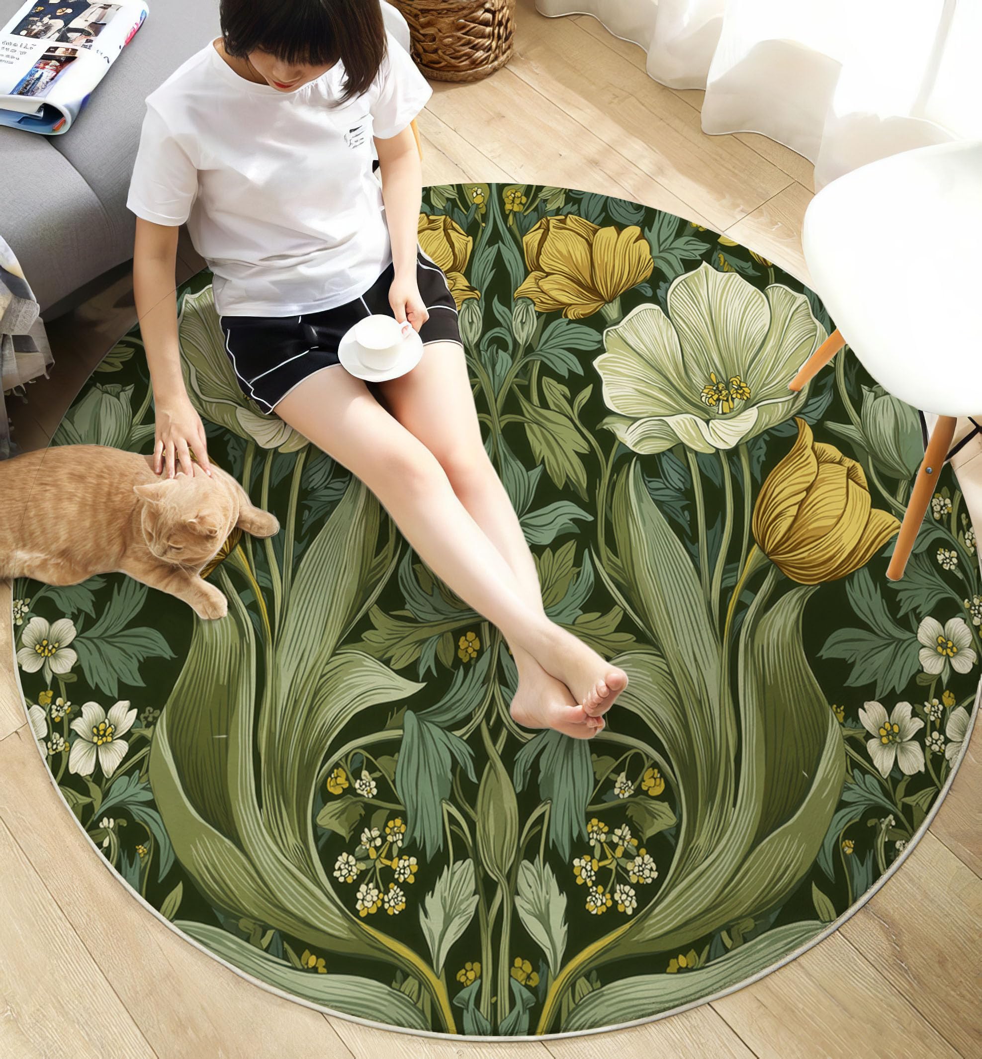 Tulipani Jojoba Tappeto Rotondo Salotto, Morbido Floreale Retrò Tappetini Antiscivolo Tappeto per Bambini Cameretta Cucina Casa Zona Balcone Tappet Tavolino (Verde Salvia,Ø 100 cm)