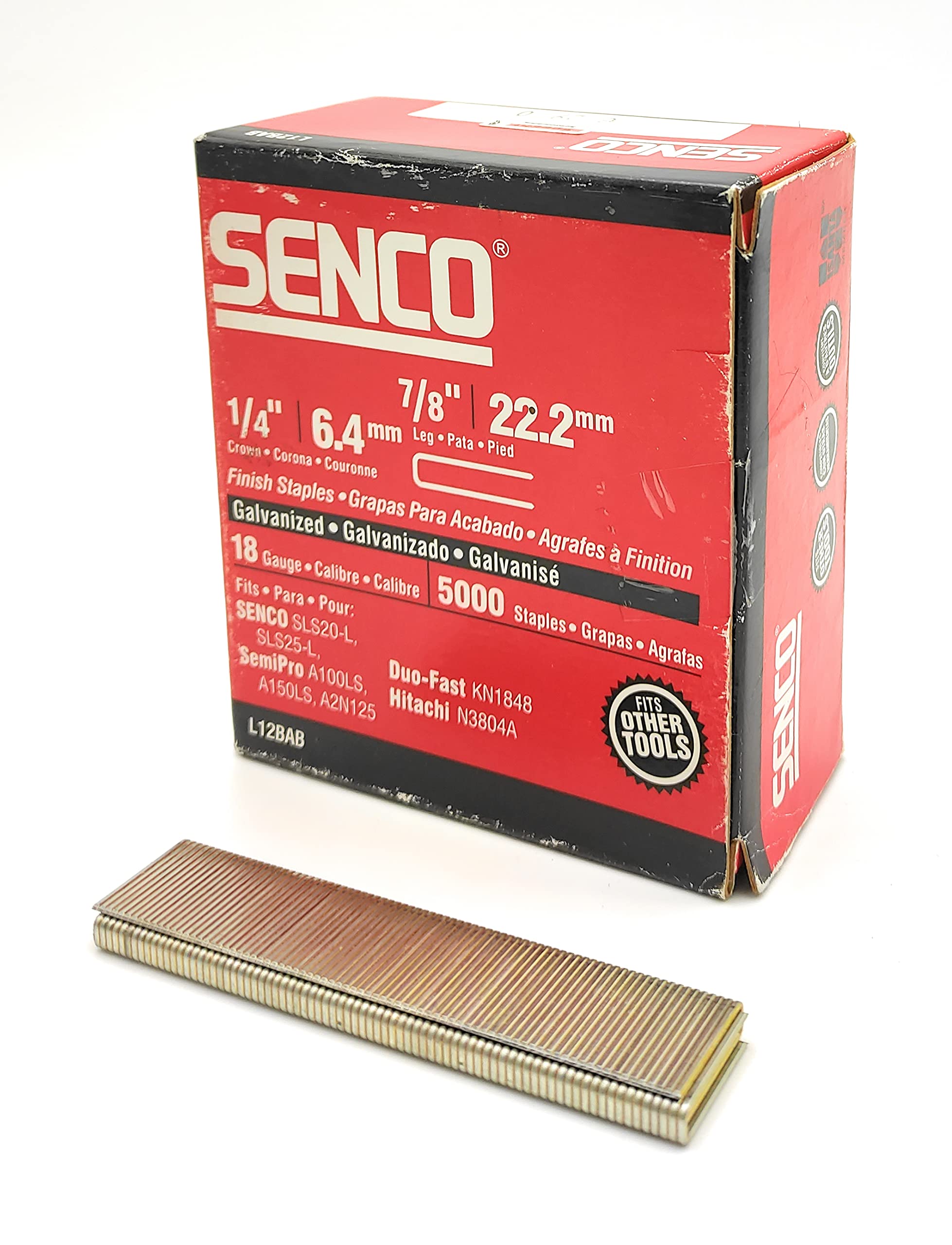 SENCO L12BAB 22mm Medium Wire L‑Staples – Galvanised - Sencoted - 18 Gauge - 6.4mm Crown - Glue‑Collated Carbon Steel Fasteners for Cabinetry - Underlayment - Insulation & Upholstery
