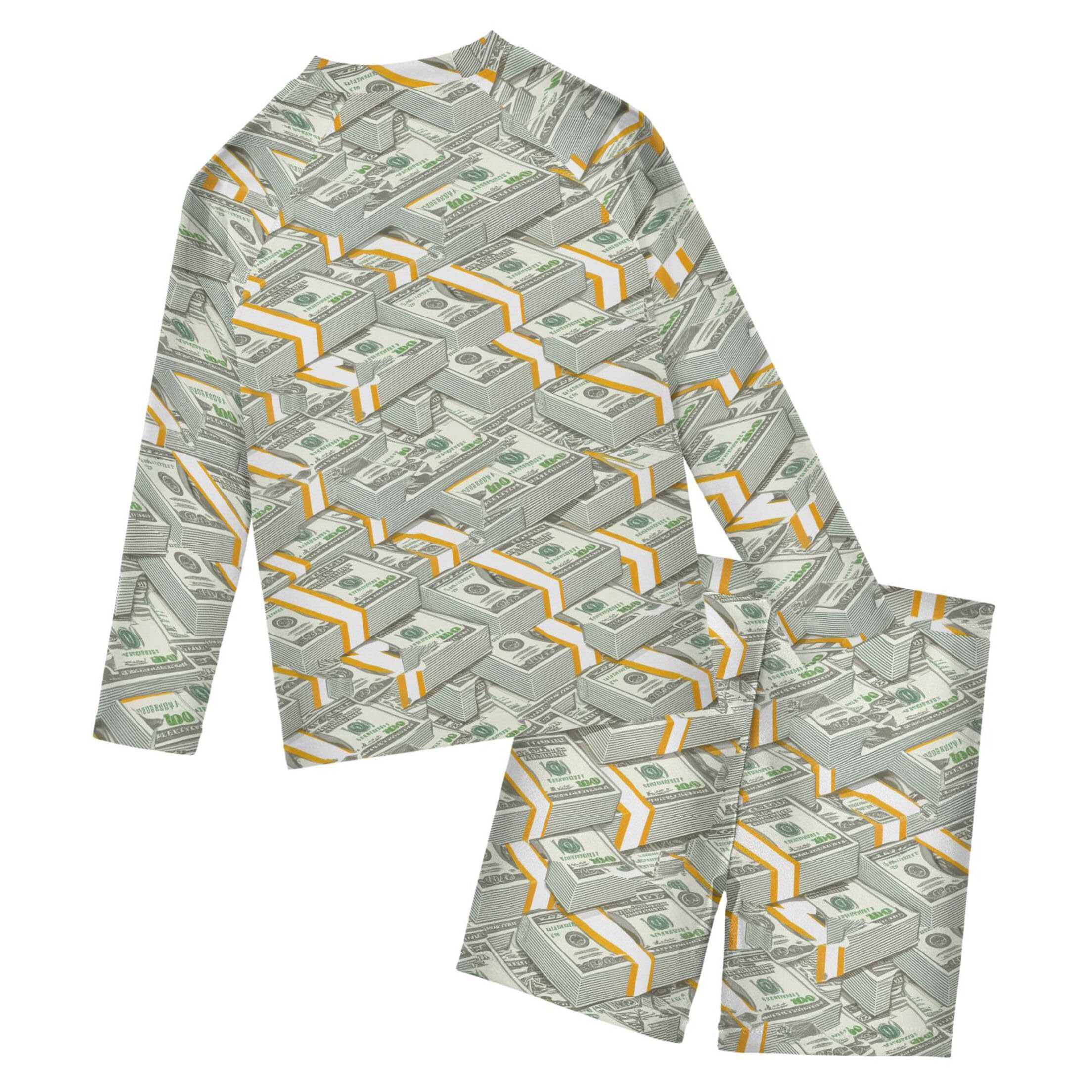 Paper Money Hundred Dollar Bills Boys Rash Guard Swimsuits Set Long Sleeve Swim Shirts Bathing Suits B0405090
