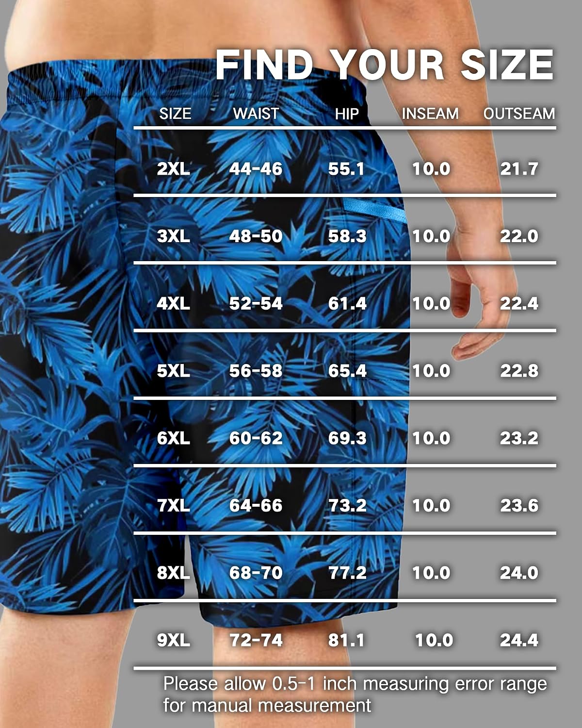 Big and Tall Swim Shorts Men's 10 in Tropical Printing Bathing Suit Breathable Mesh Liner Quick Dry Swimwear