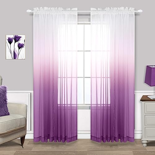 KOUFALL Purple Curtains 84 Inches Long for Living Room 2 Panels Set Rod Pocket Ombre Sheer Curtain for Bedroom Girls Room,52x84 Inch Length