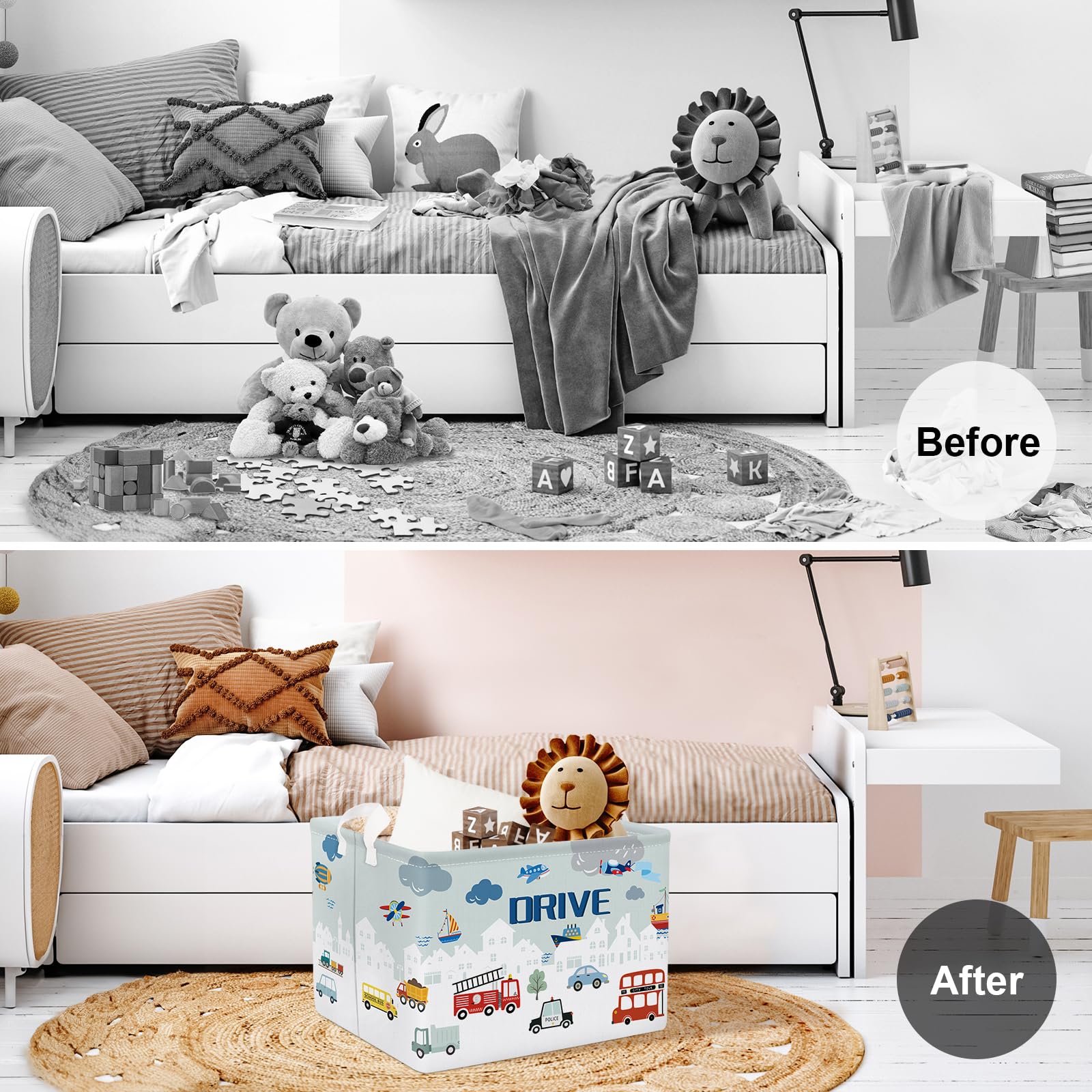 Clastyle 36L Blue City Car Building Storage Basket Dirty Clothes Laundry Hamper for Bedroom Bathroom Collapsible Kids Room Nursery Book Toy Storage Box