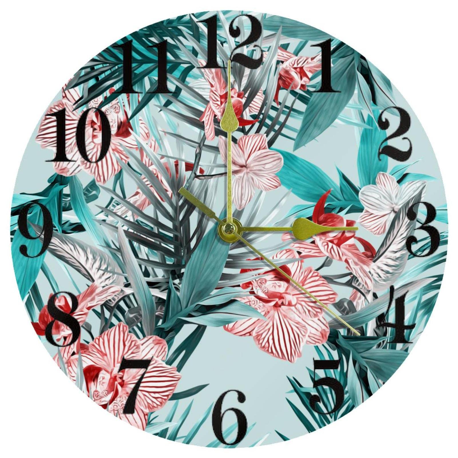Horloge murale à quartz silencieuse de 25,4 cm motif fleurs et feuilles pour la cuisine