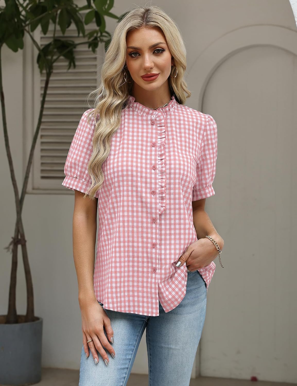 LOMON Button Down Shirts for Women Dressy Casual Puff Short Sleeve Ruffle Blouses Office Tops Work Shirt