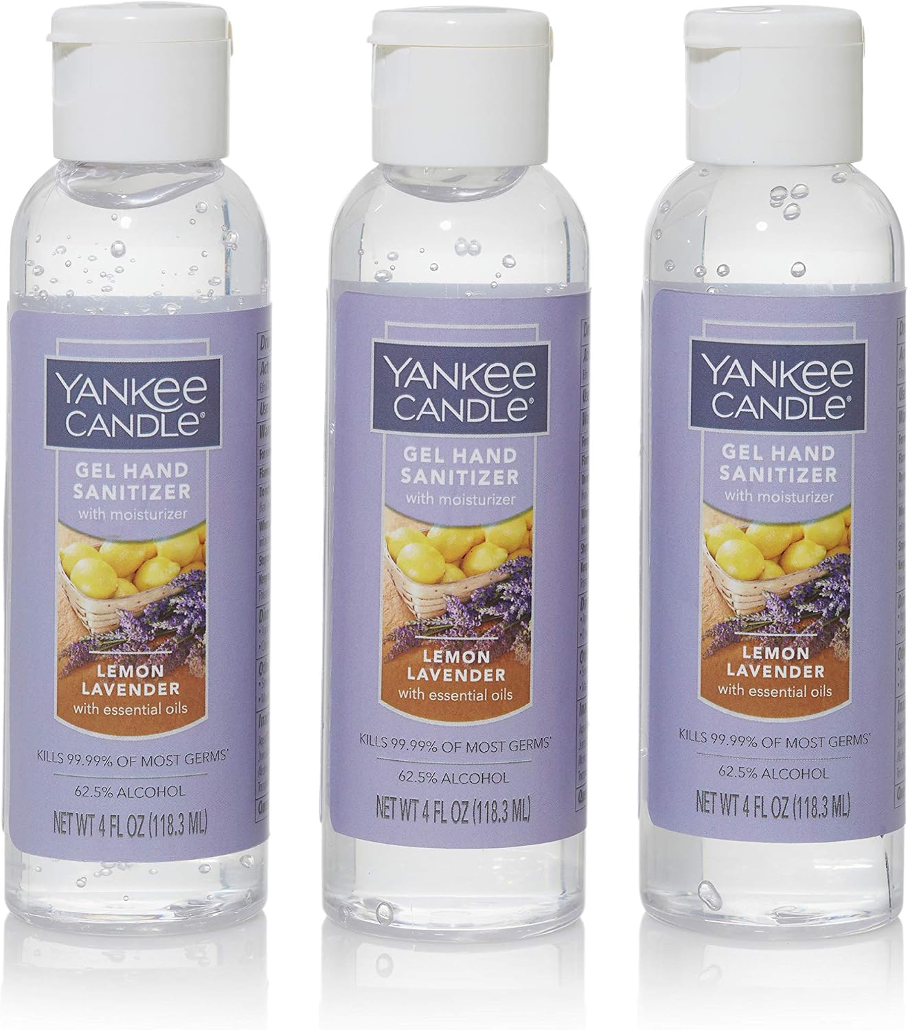 Yankee Candle Scented Hand Sanitizer Gel Moisturizing with Aloe, Antibacterial, Lemon Lavendar, 3 Pack, 4oz Bottles