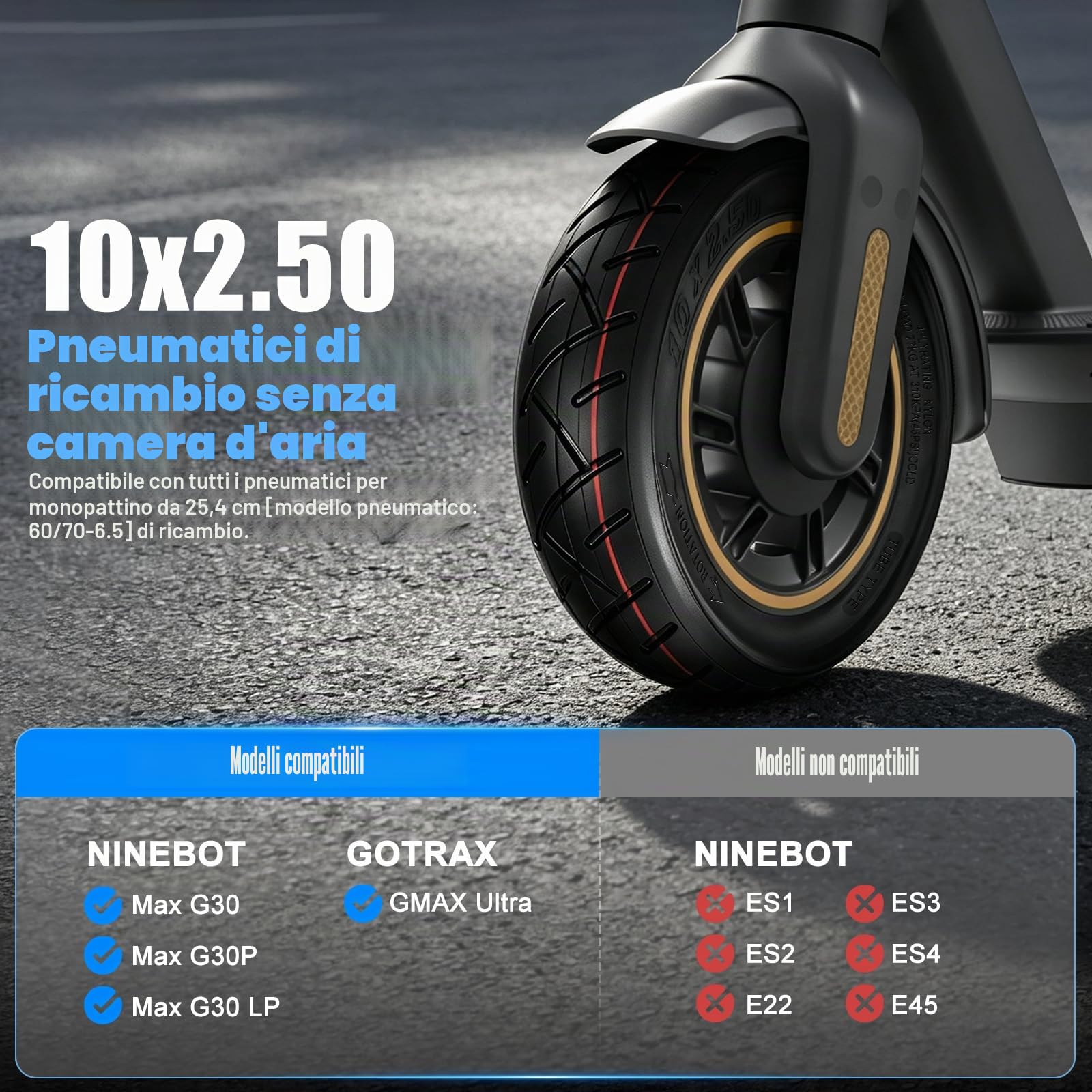 60/70-6.5 Pneumatico tubeless da 10 pollici per Ninebot Max G30/ G30D 2 / G30E 2 / G30P / G30LP,60/70-6,5 ruote di ricambio autoriparanti, accessori per pneumatici Ninebot Scooter(2 PCS)