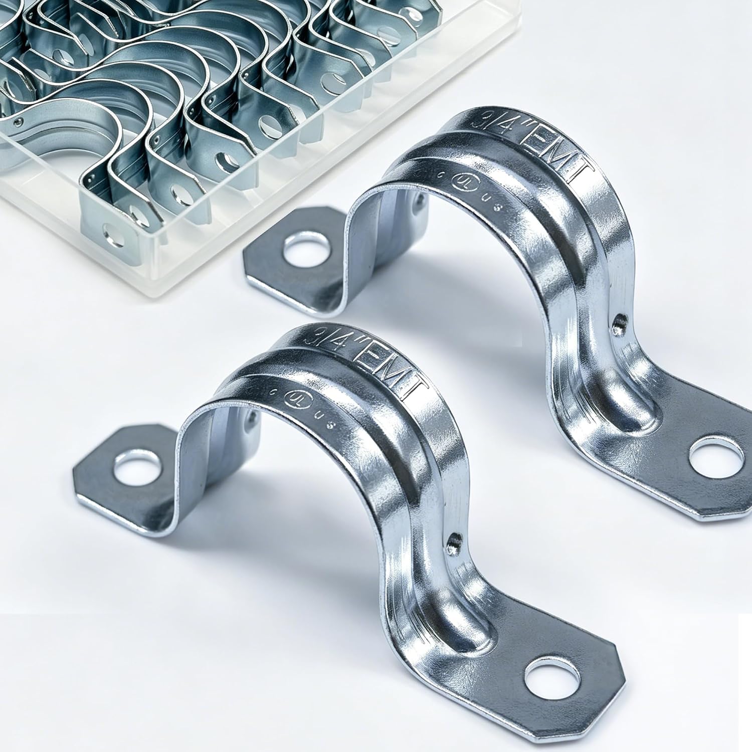 3/4 Inch Two Hole EMT Conduit Clamp, Pipe Strap U Bracket 50 Pack | Heavy Duty Zinc Plated Steel Pipe Clamps, UL Certified Snap-On Install Reinforced Rib for EMT Conduit Strap Fixing
