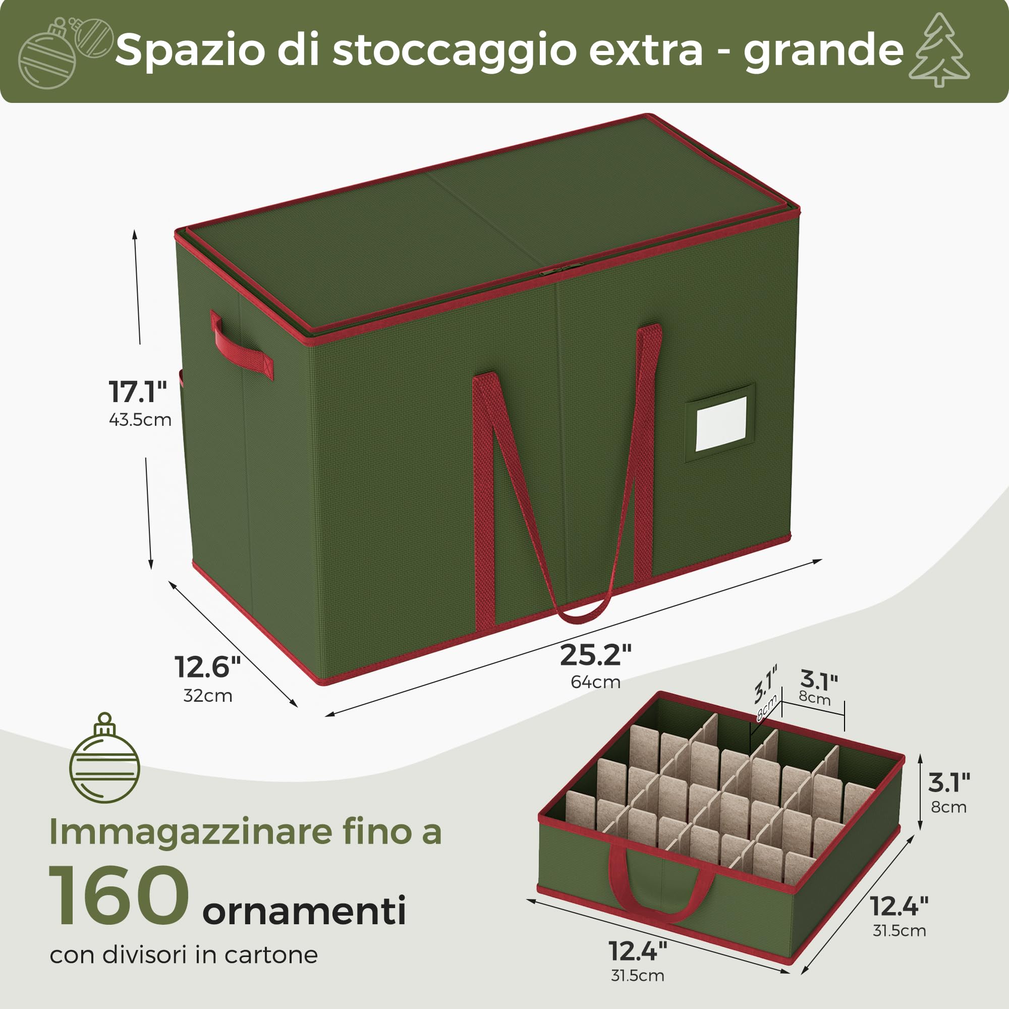 Contenitore per Palline di Natale, 160 Scomparti da 7,6cm, Scatola Impilabile Decorazioni Natalizie con Coperchio, 600D Oxford, 64 x 32 x 43,5 cm，Verde