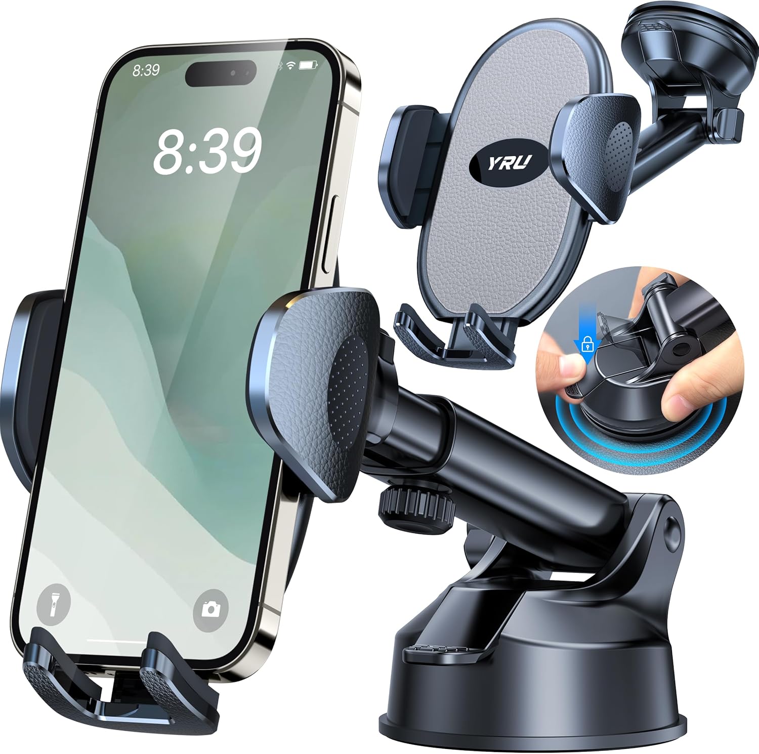 YRU [2025 Upgraded]Universal Car Phone Holder Mount【360° Rotatable &Strong Suction】Cell Phone Holder for Car Dashboard Windshield Phone Holder Dash Stand for iPhone 16 15 13 Samsung Truck, Light Grey