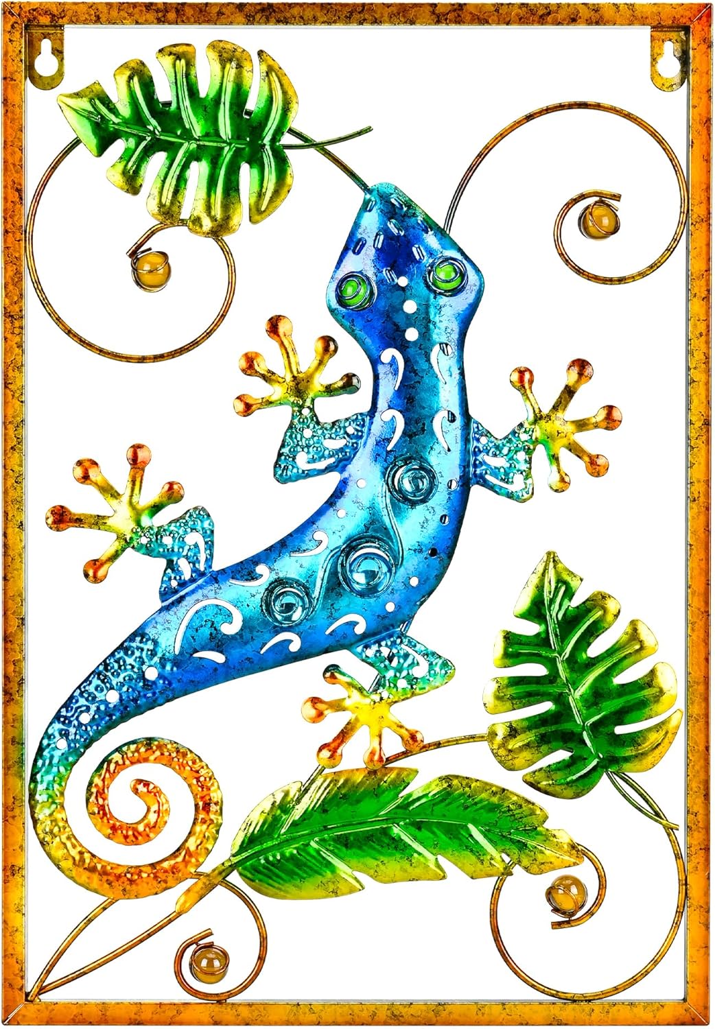 Manortang Gecko Valentine Metal Wall Decor 18 Inch Large Wall Art, Tropical Decorations Indoor Outdoor for Garden,Fence,Patio,Porch,Bedroom,Living Room,Bathroom Blue Lizard