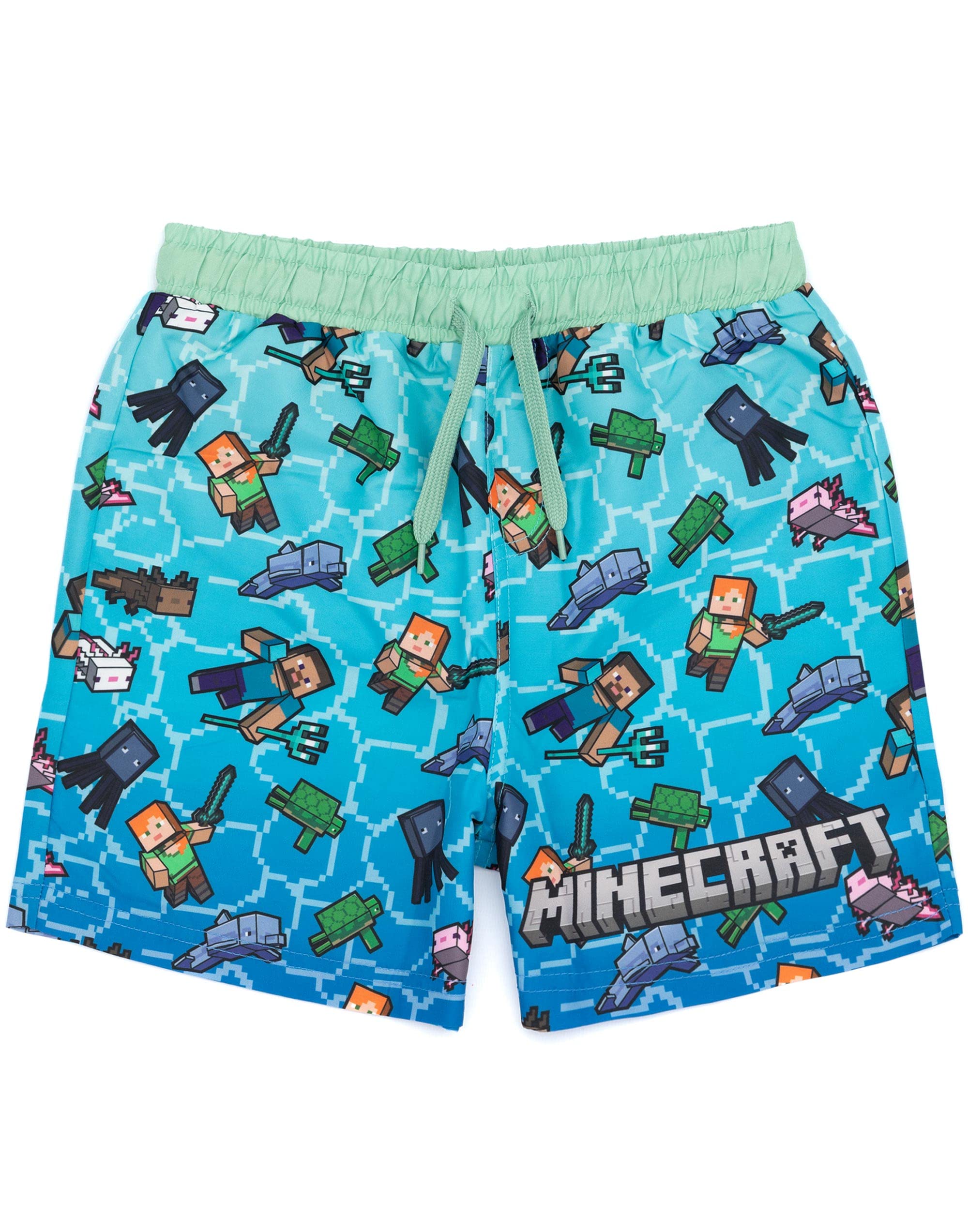 Minecraft Boys Swim Shorts | Blue & Green OR Green Creeper Options | Swimming Trunks with Creeper Steve Alex TNT Explosive Game Characters | Gaming Swimwear Merchandise Gift for Children & Teens