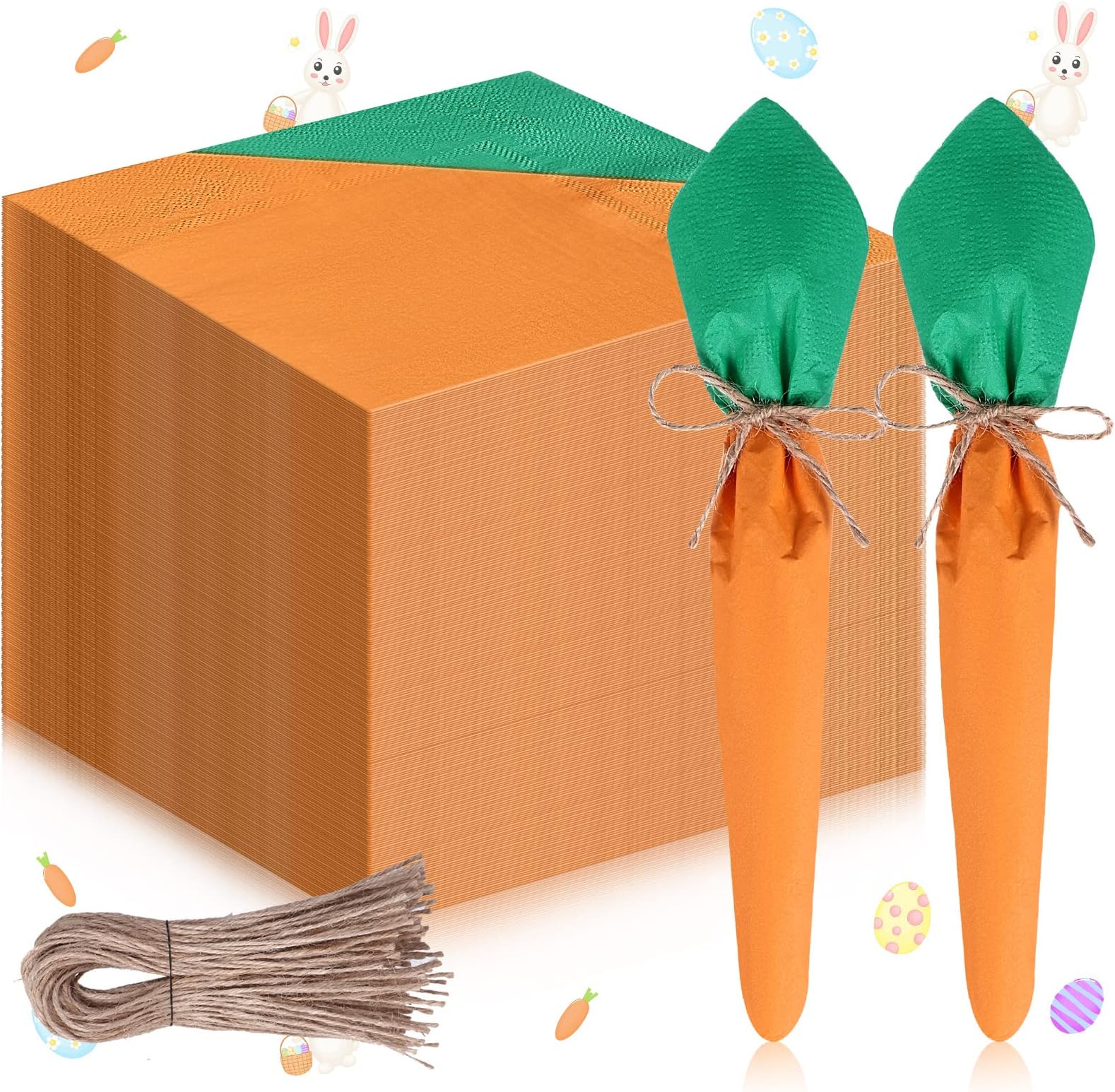 100 Pcs Easter Napkins Paper Carrot Napkins with Twine Disposable Cocktail Beverage Guest Napkins for Party Baby Shower Easter Bunny Farmhouse Style Decor Easter Party Supplies, 6.5 x 6.5 Inch