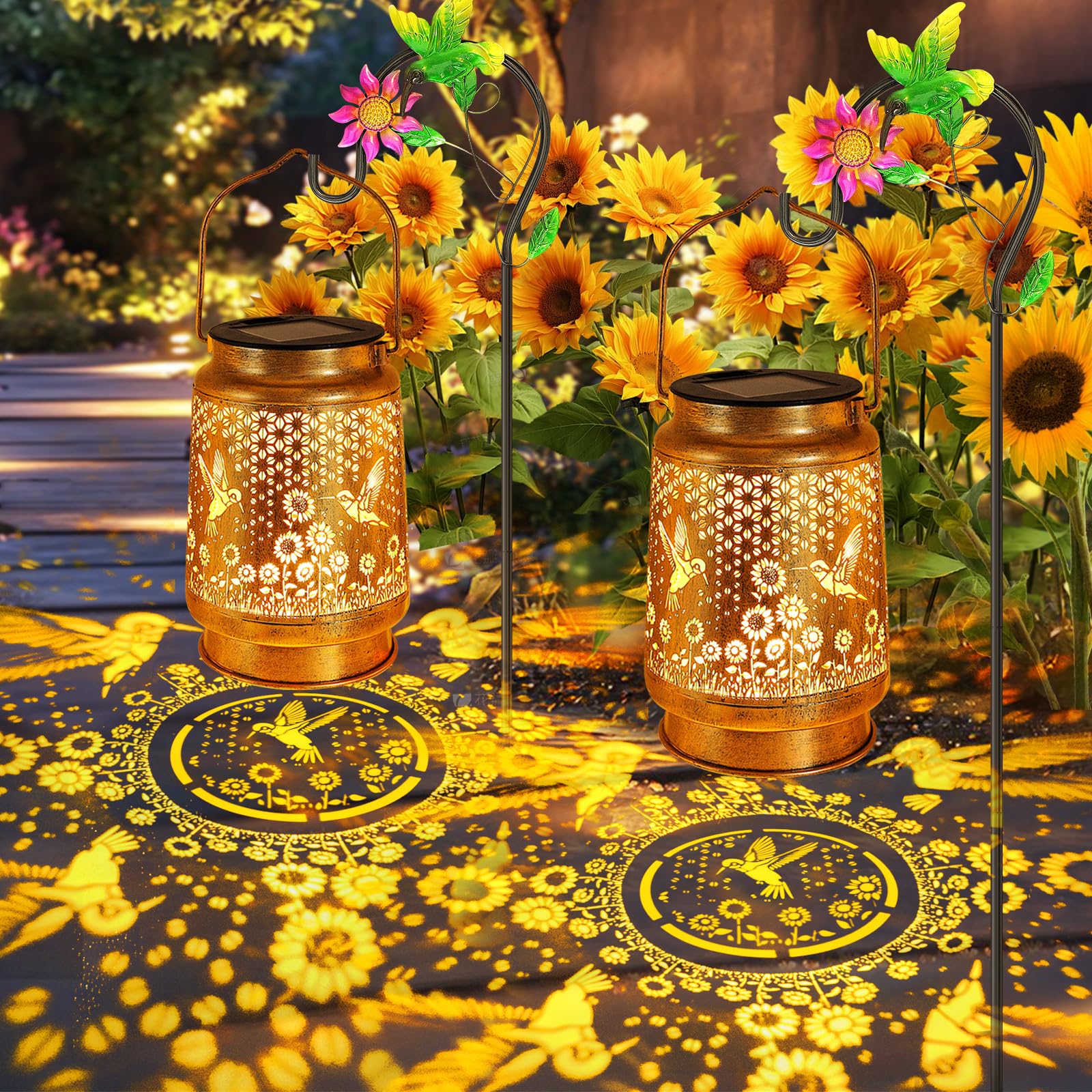 Confezione da 2 lanterne solari solari da esterno con gancio a pastore, impermeabili, colibrì, girasole, decorazione da giardino, decorazione a LED per cortile, patio, tavolo, prato, regalo perfetto