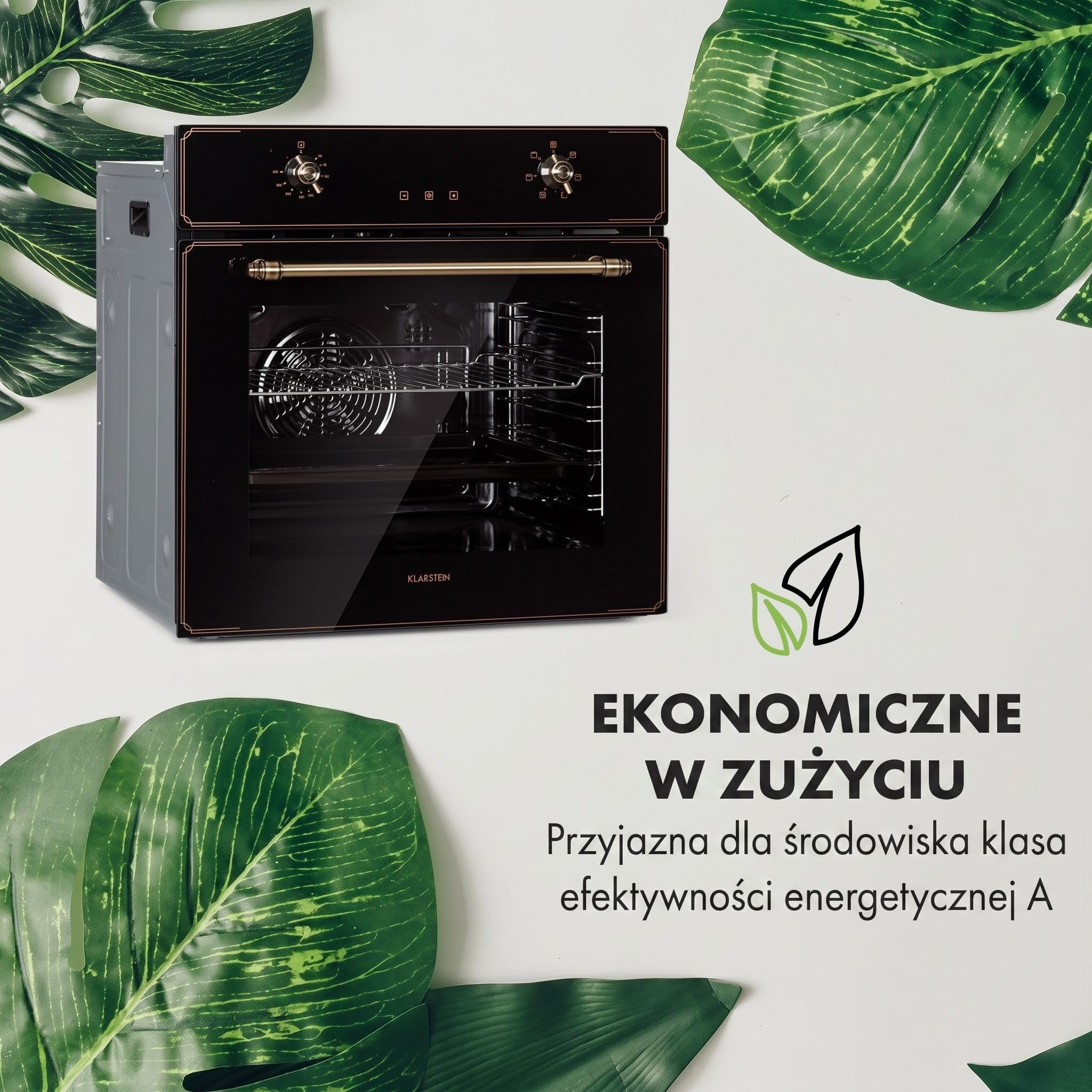 Klarstein Elizabeth - Elektryczny piekarnik do zabudowy, Design retro, 70L, Klasa energetyczna A, Termoobieg/grzanie górne/dolne/grill, 2200 W, 50-250 °C, Pokrętła w wyglądzie mosiądzu, czarny