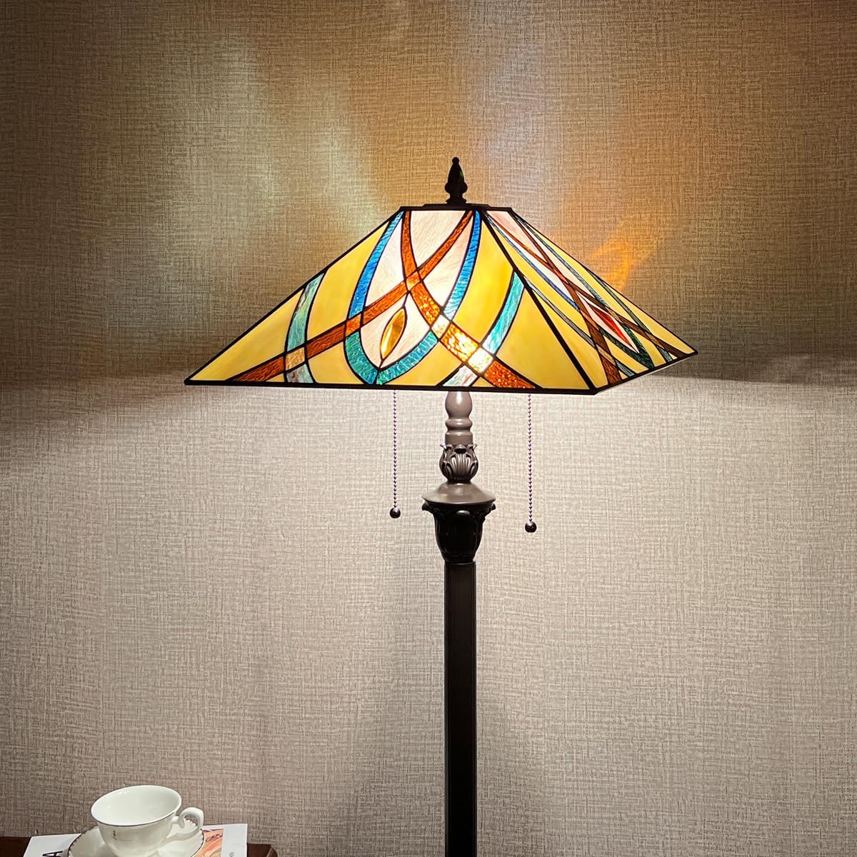 Tiffany Floor Lamp,Antique Style Mission Stained Glass Floor Light for Reading,2-Lights Tall Standing Pole Light for Living Room Bedroom Office