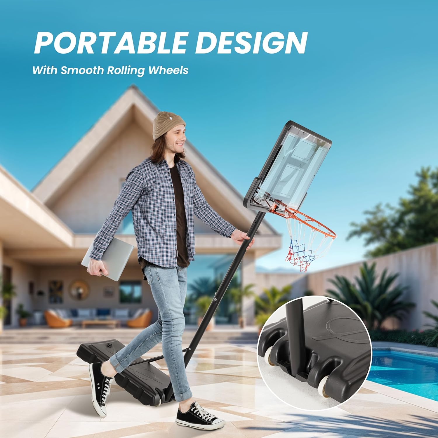 Simple Deluxe Pool Basketball Hoop, Height Adjustable Portable Swimming Poolside Water Game Toy with 44'' Shatterproof Backboard, Fillable Base & Wheels, Outdoor Indoor Play Gift in Backyard/Driveway