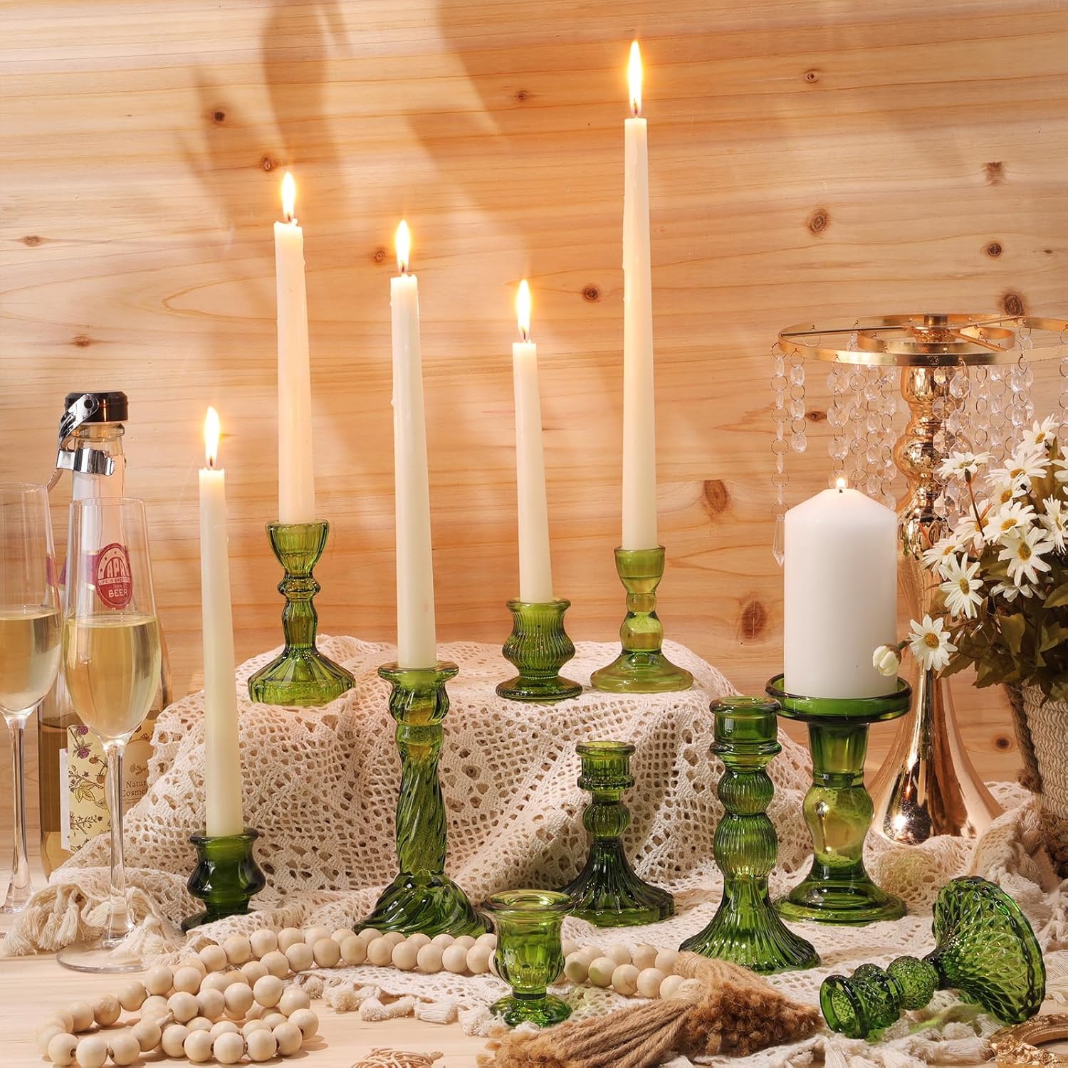Mumufy 30 Pcs Glass Crystal Taper Candle Holders Clear Glass Candlestick Holder Fit 0.8 Inch Candles Crystal Decorative Candle Stand Centerpiece Table Wedding Dining Party(Green)