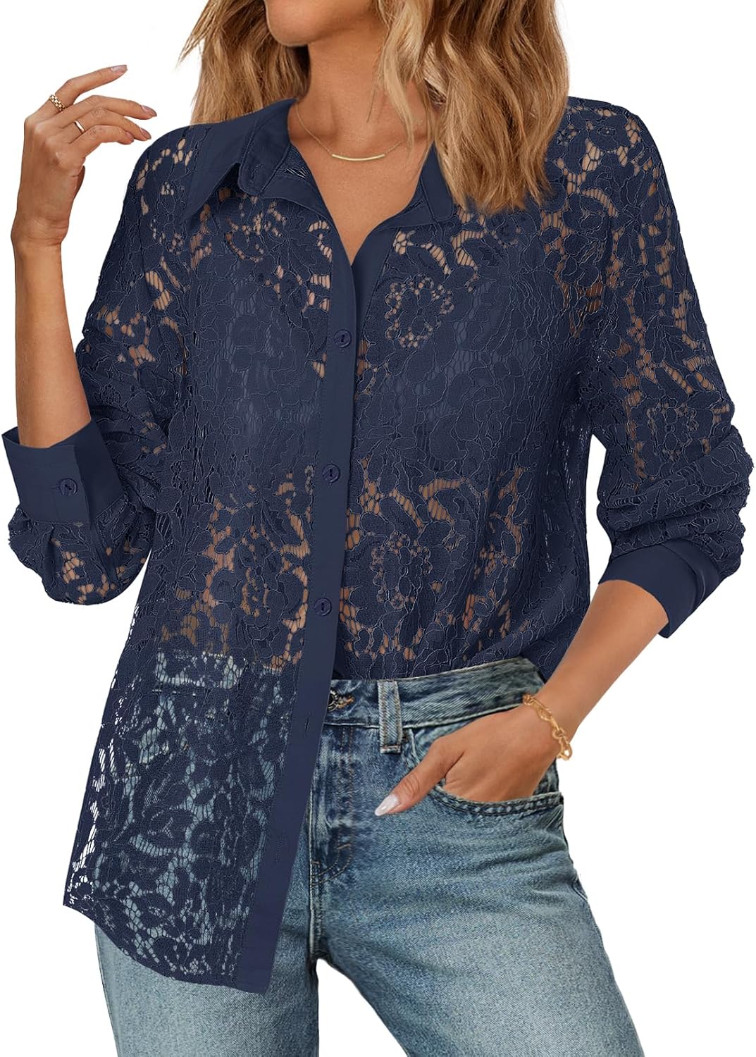 MEROKEETY Women's Lace Long Sleeve Tops Dressy Casual Blouse Button Down Sheer Elegant Summer Shirts