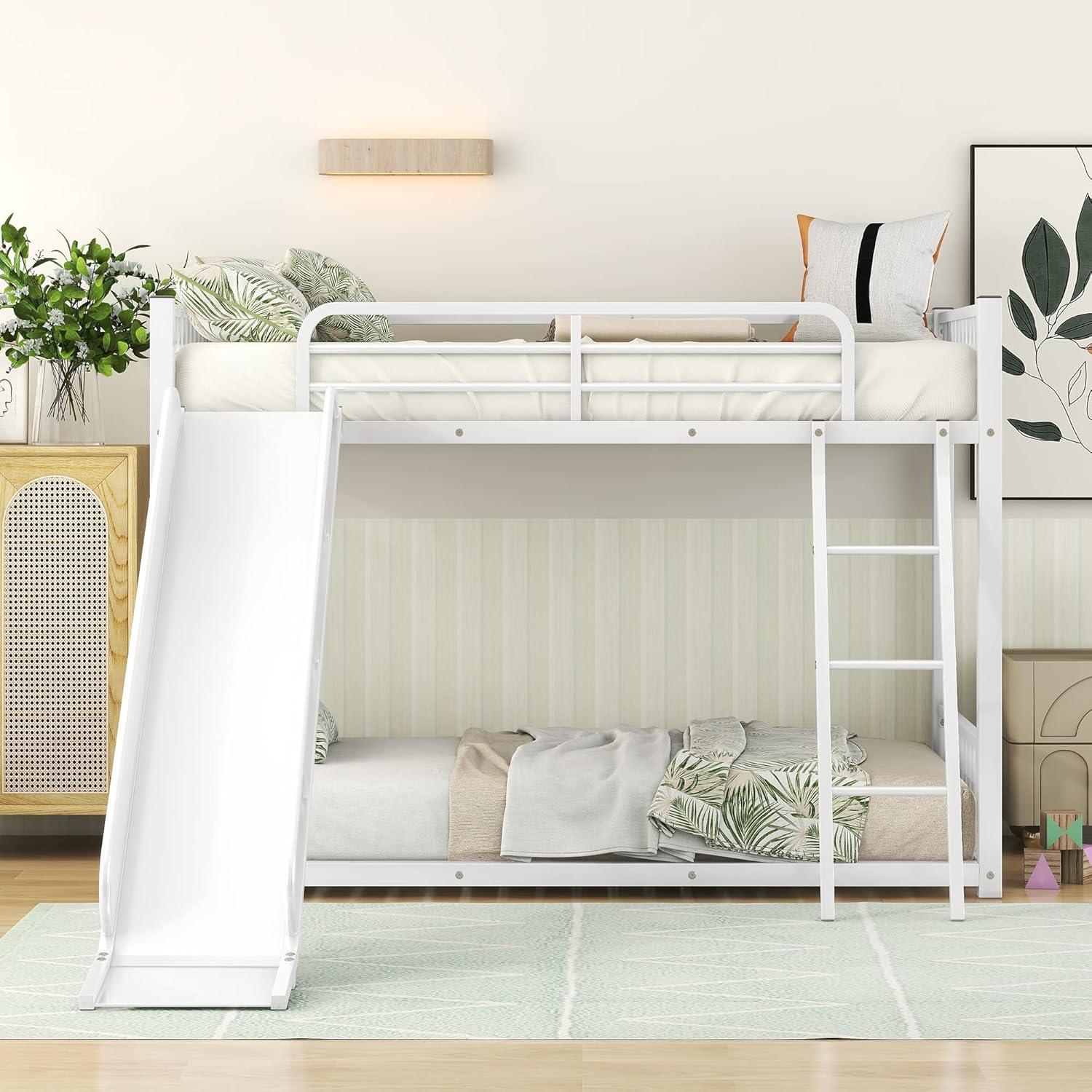 Bellemave Bunk Bed with Slide, Metal Twin Over Twin Bunk Bed with Slide and Ladder, Made of Heavy Duty Steel, for Girls Boys Teens – White