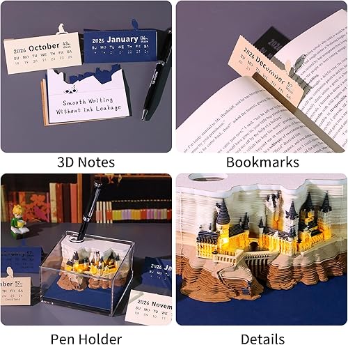 Miniatura 4 de Calendario de escritorio creativo 3D 2026, castillo mágico con luces LED, bloc de notas desgarrado, regalo de manualidades para Navidad