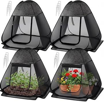 4 Pack Pop up Plant Shade Tent with UV Top, Garden Mesh Tent Cover with Zipper Door and 16 Stakes, Sunblock Plant Shade Cloth for Outdoor Vegetables Flowers Shrubs22x22x23in