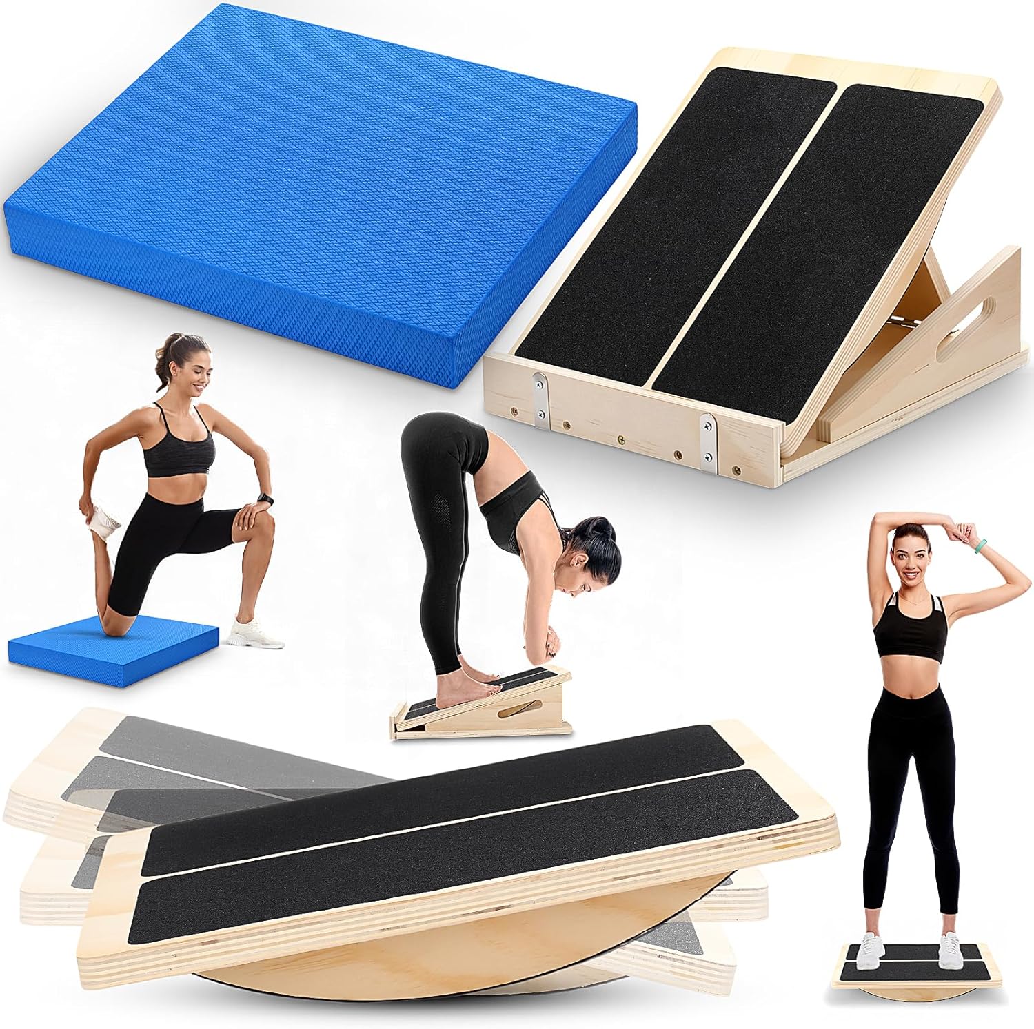 2 Pcs Professional Wooden Slant Board & Balance Boards & Exercise Balance Pad Set Adjustable Incline Equipment and Calf Stretcher Non-Slip Foam Mat kit for Exercise, Squat & Physical